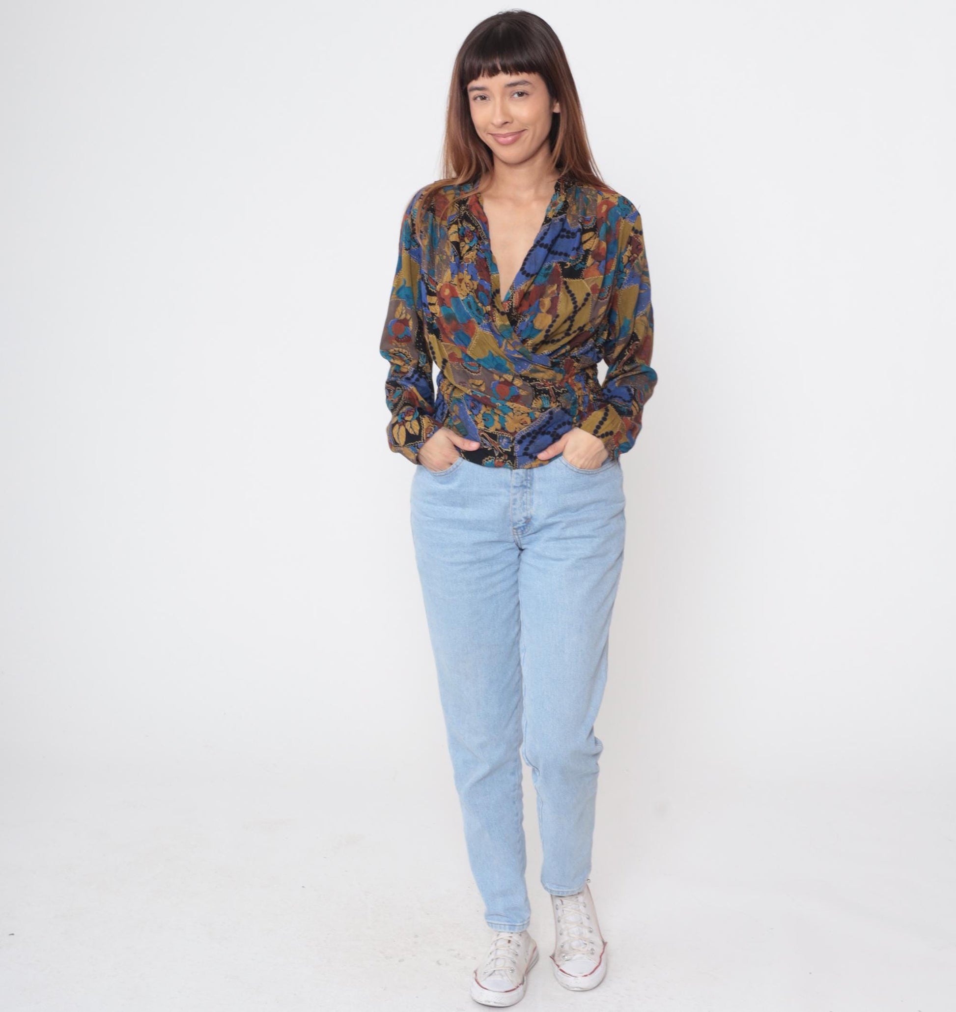 90s Ms Interpret Wrap Blouse Abstract Patchwork Long Sleeve Medium M