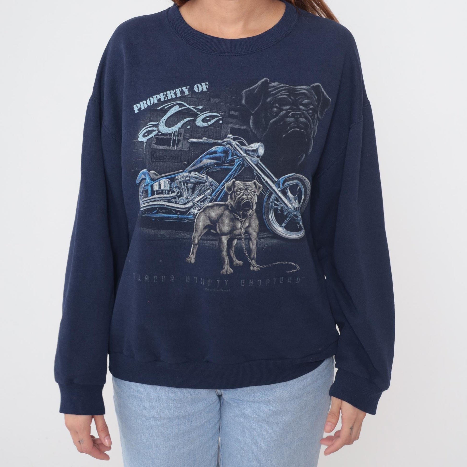 90s Jerzees Biker Sweatshirt Navy Blue Bulldog Motorcycle Graphic Medium M