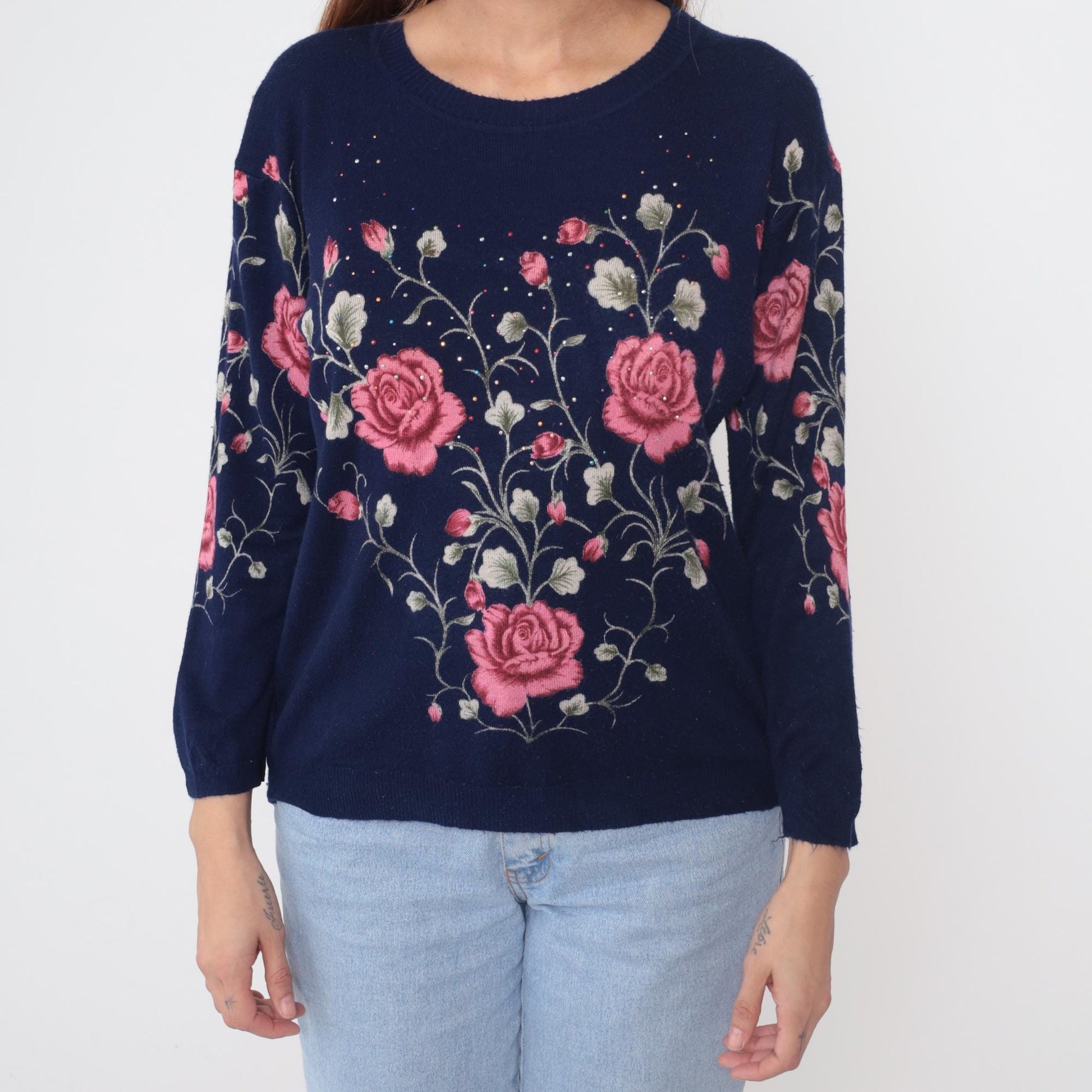 90s Navy Rose Embroidered Sweater Pink Beaded Knit Pullover Large L