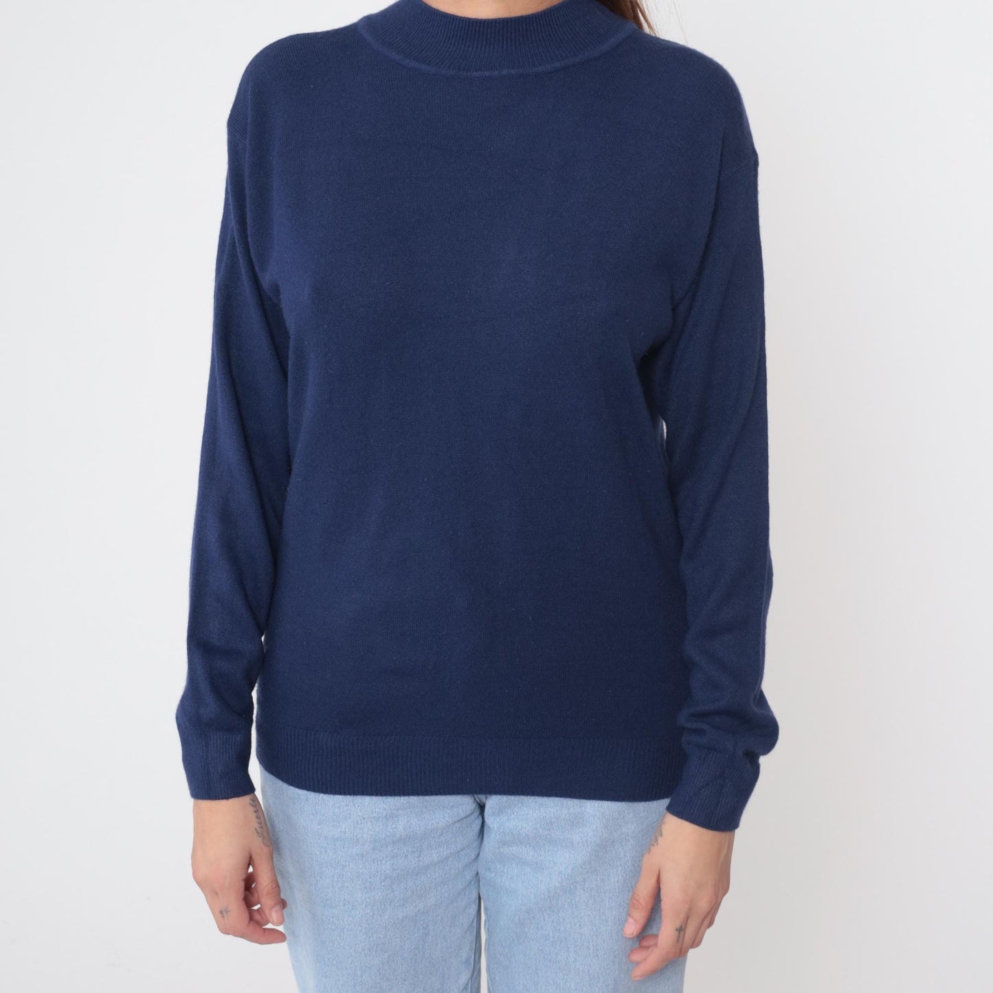 90s Navy Cashmere Sweater Mock Neck Pullover Medium M