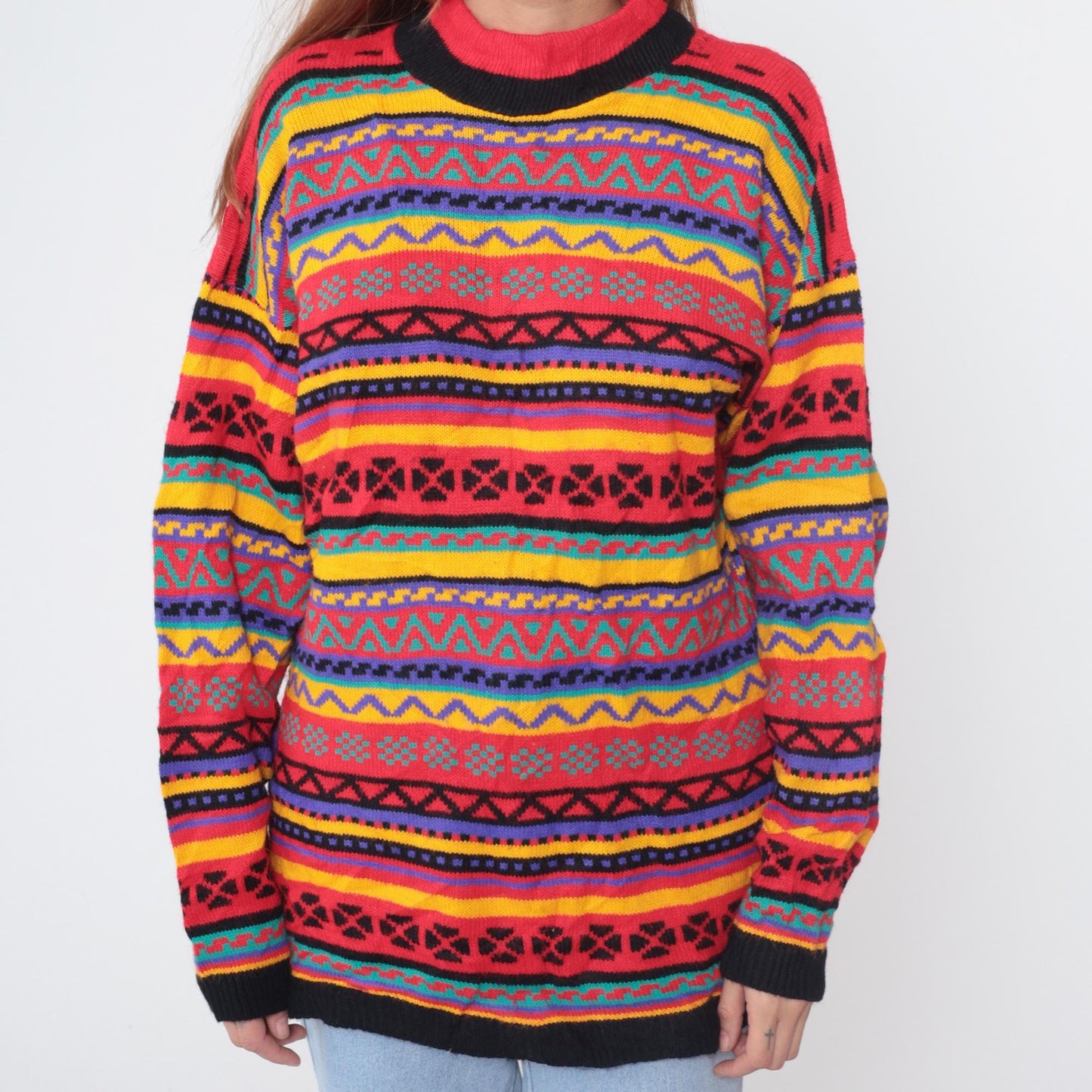 90s Green Lantern Aztec Geometric Sweater Multicolor Crew Neck Medium M