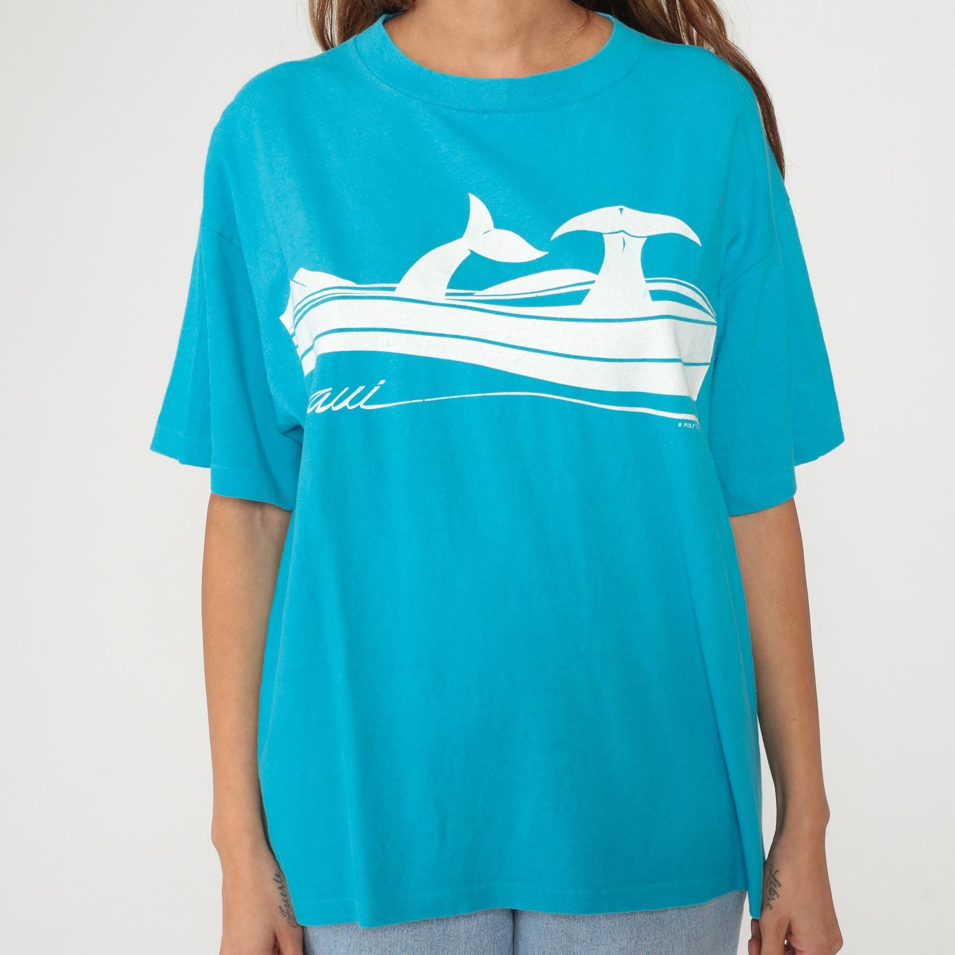 90s Maui Hawaii Whale Graphic Cotton T-Shirt Turquoise Wraparound Extra Large XL