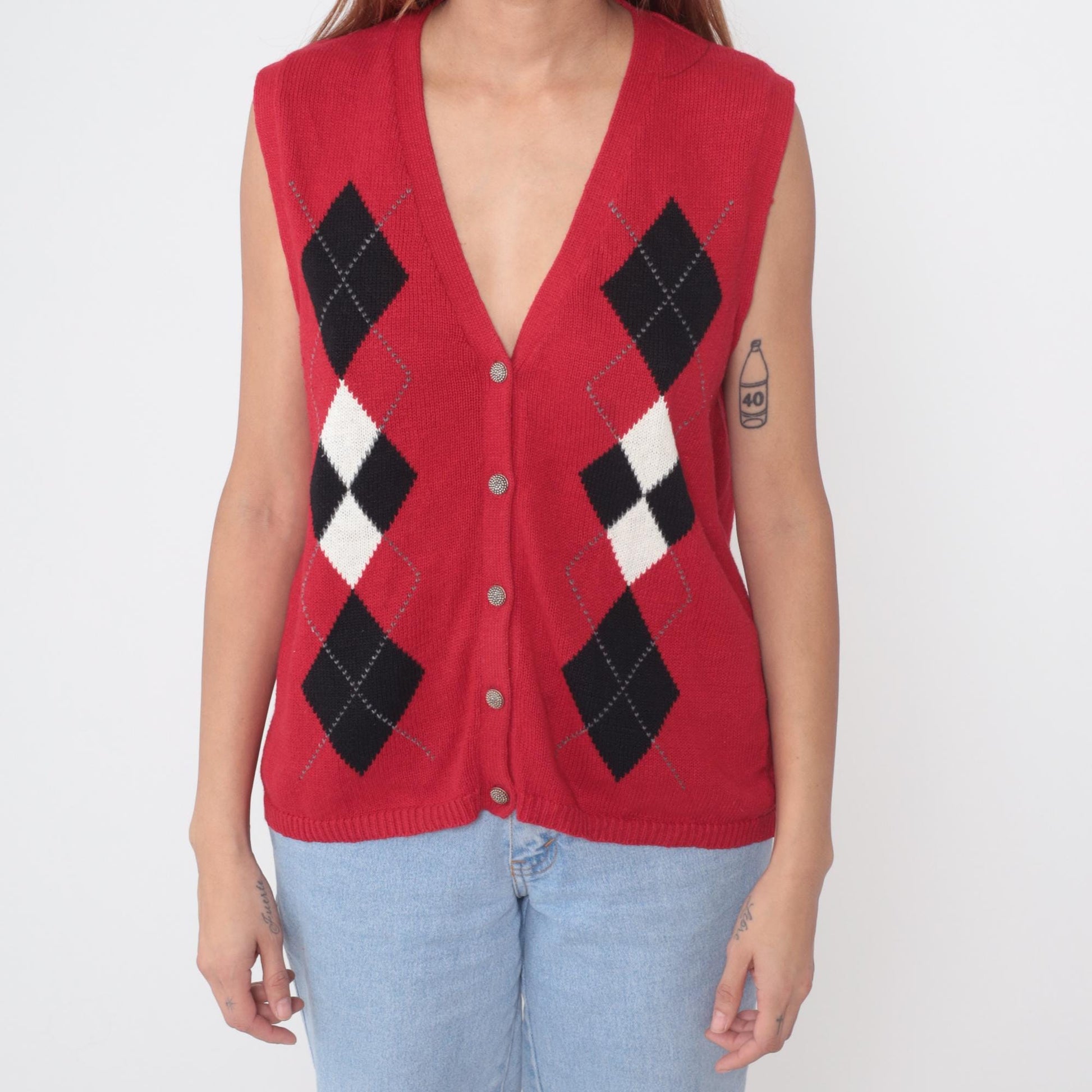 Sag Harbor Argyle Sweater Vest Red Black V-Neck Button Front Medium M