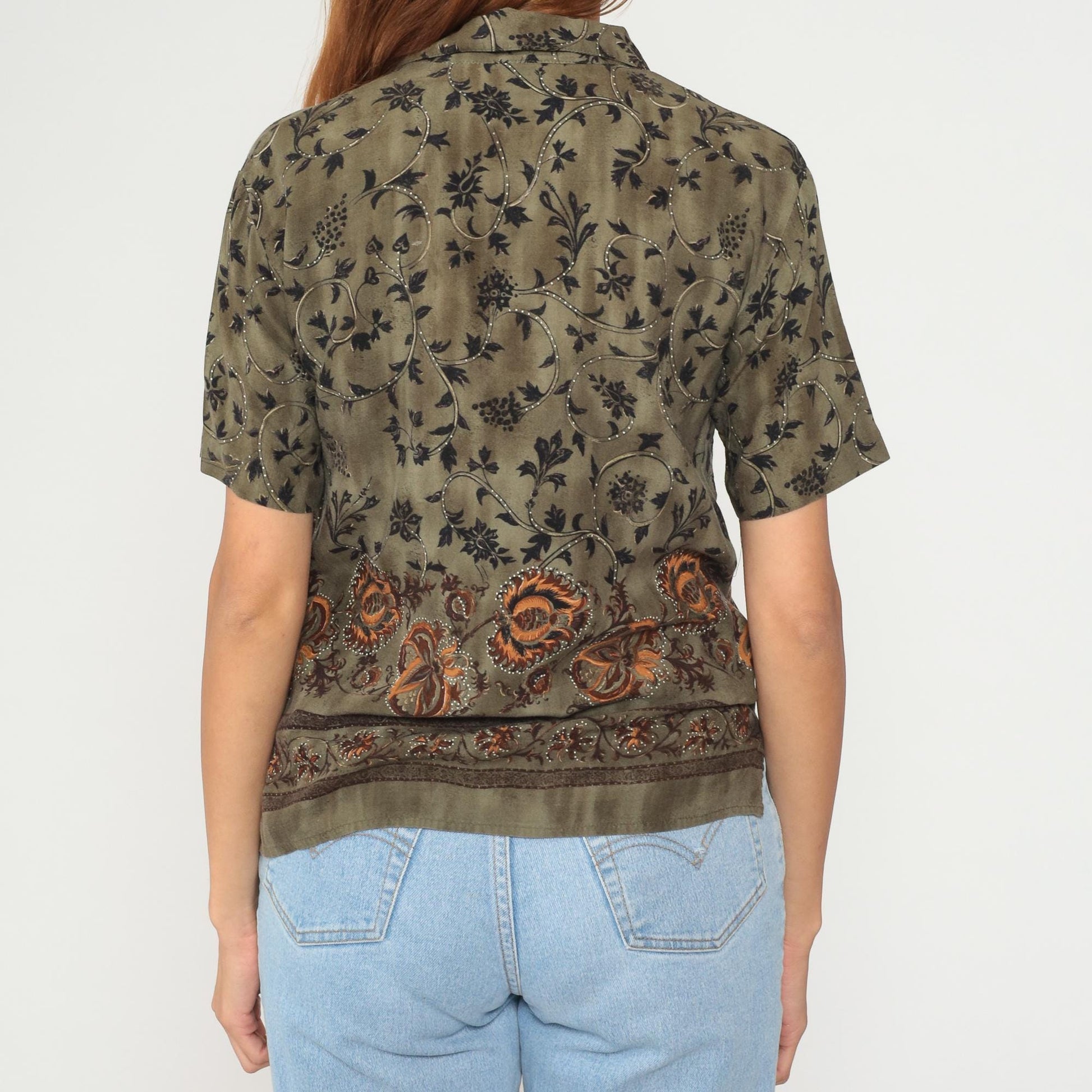 90s Teddi Petites Olive Green Rayon Botanical Floral Button Shirt Medium