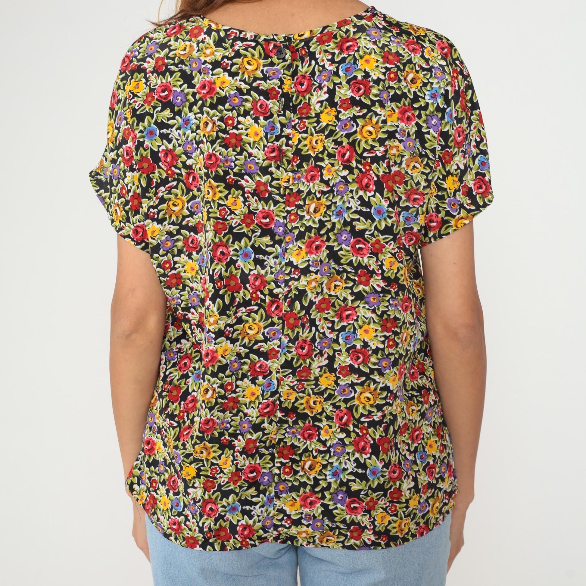 90s Black Floral Ditsy Print Blouse Short Sleeve Crew Neck Medium