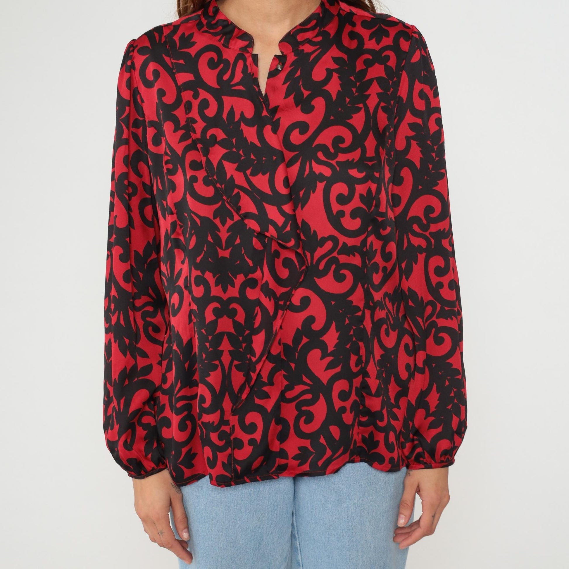 Y2K Worthington Petite Mandarin Collar Blouse Red Black Scroll Print Long Sleeve Extra Large
