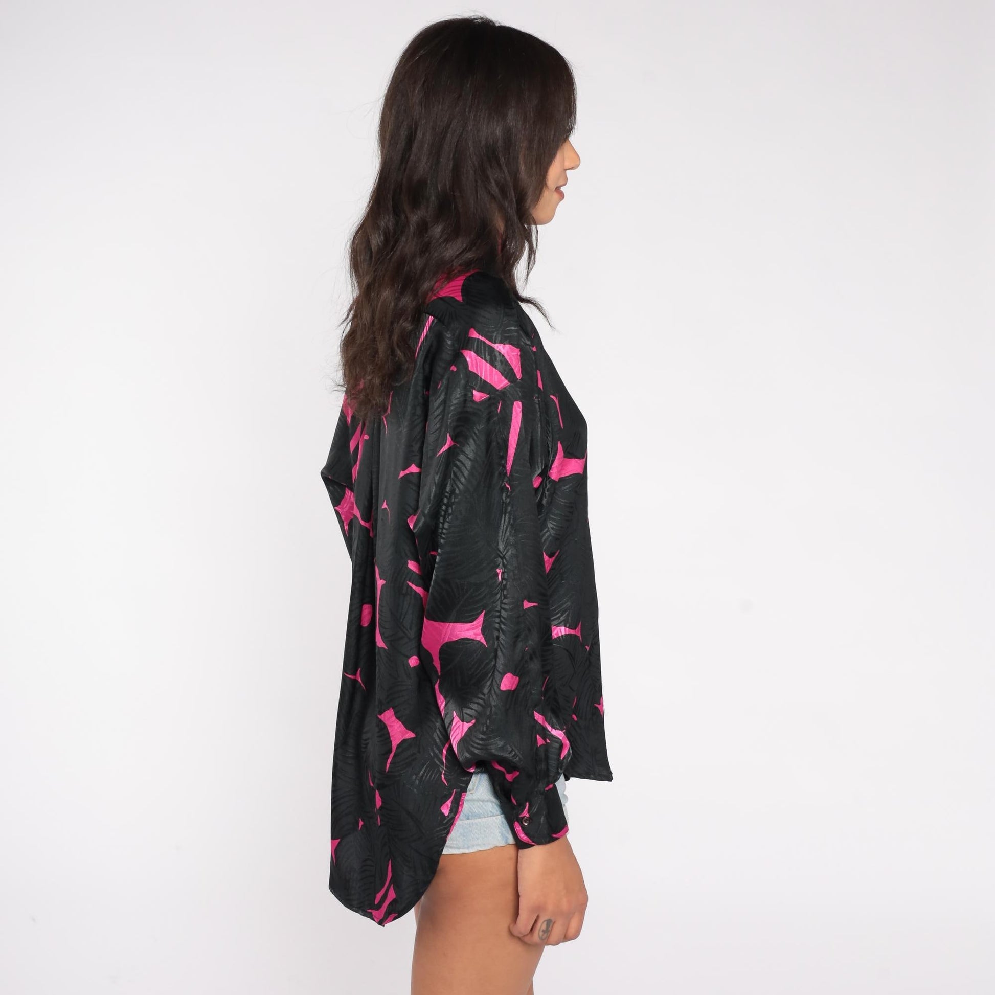 90s Termeh New York Abstract Button Down Blouse Hot Pink Black Medium
