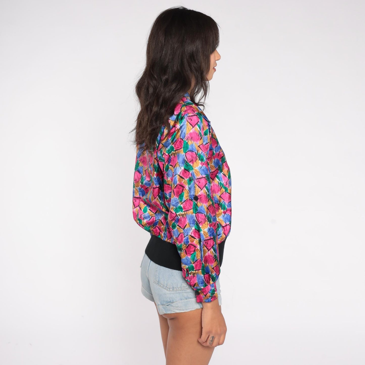 80s Petite Notations Geometric Abstract Blouse Hot Pink Blue Green Gold Black Medium