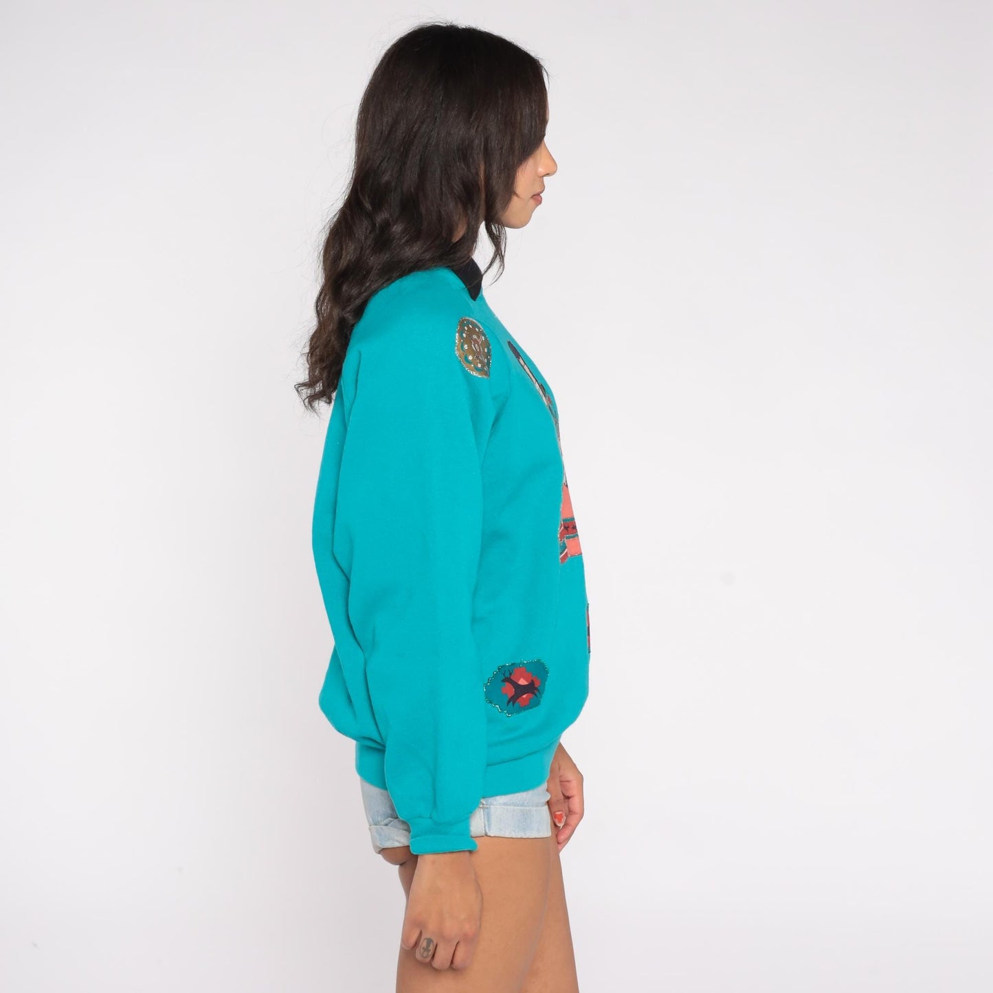 90s Southwestern Collared Sweatshirt Turquoise Native American Applique Large L