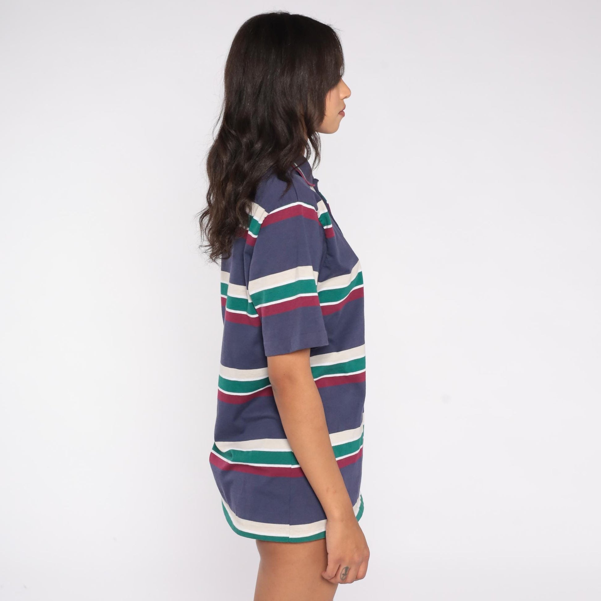 80s Penguin Club Striped Polo Shirt Navy Cream Green Burgundy Medium M