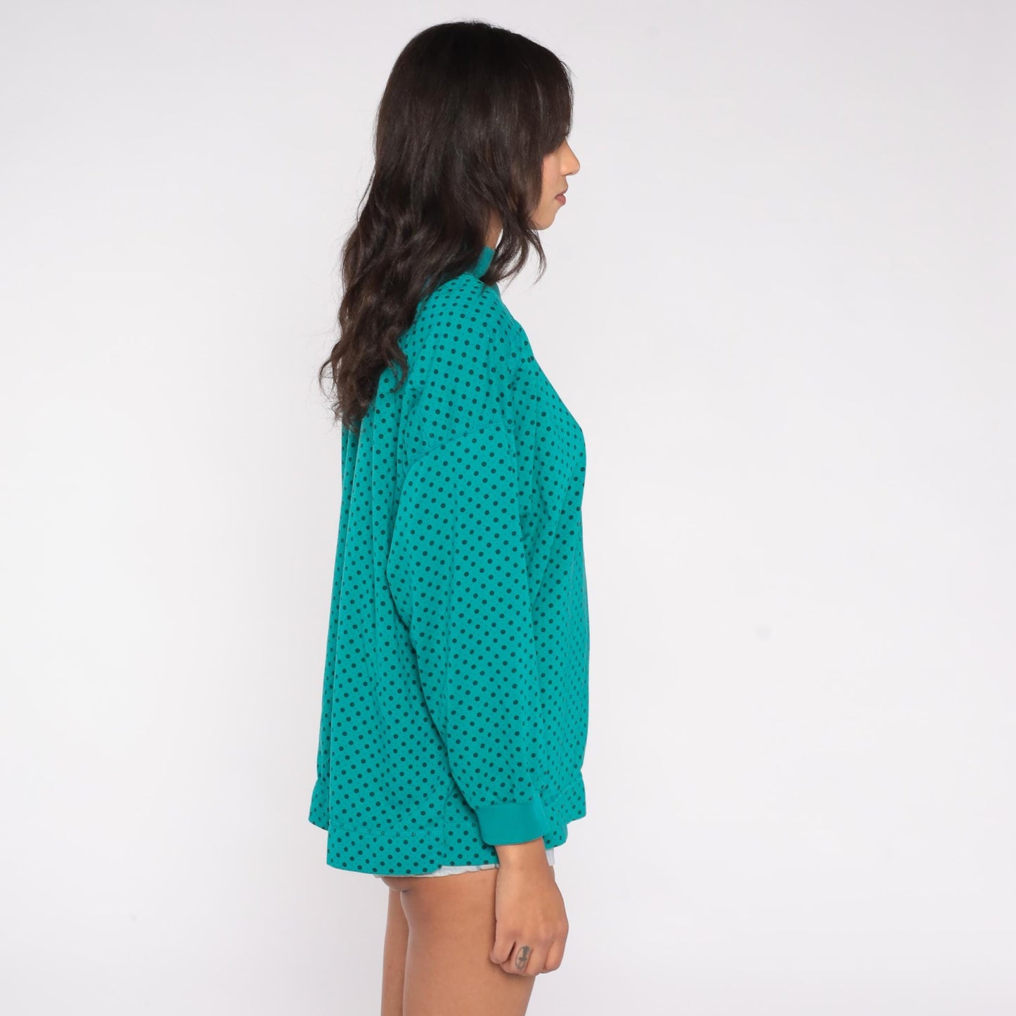 90s Victoria Jones Teal Polka Dot Mock Neck Sweatshirt Cotton Blend Large L