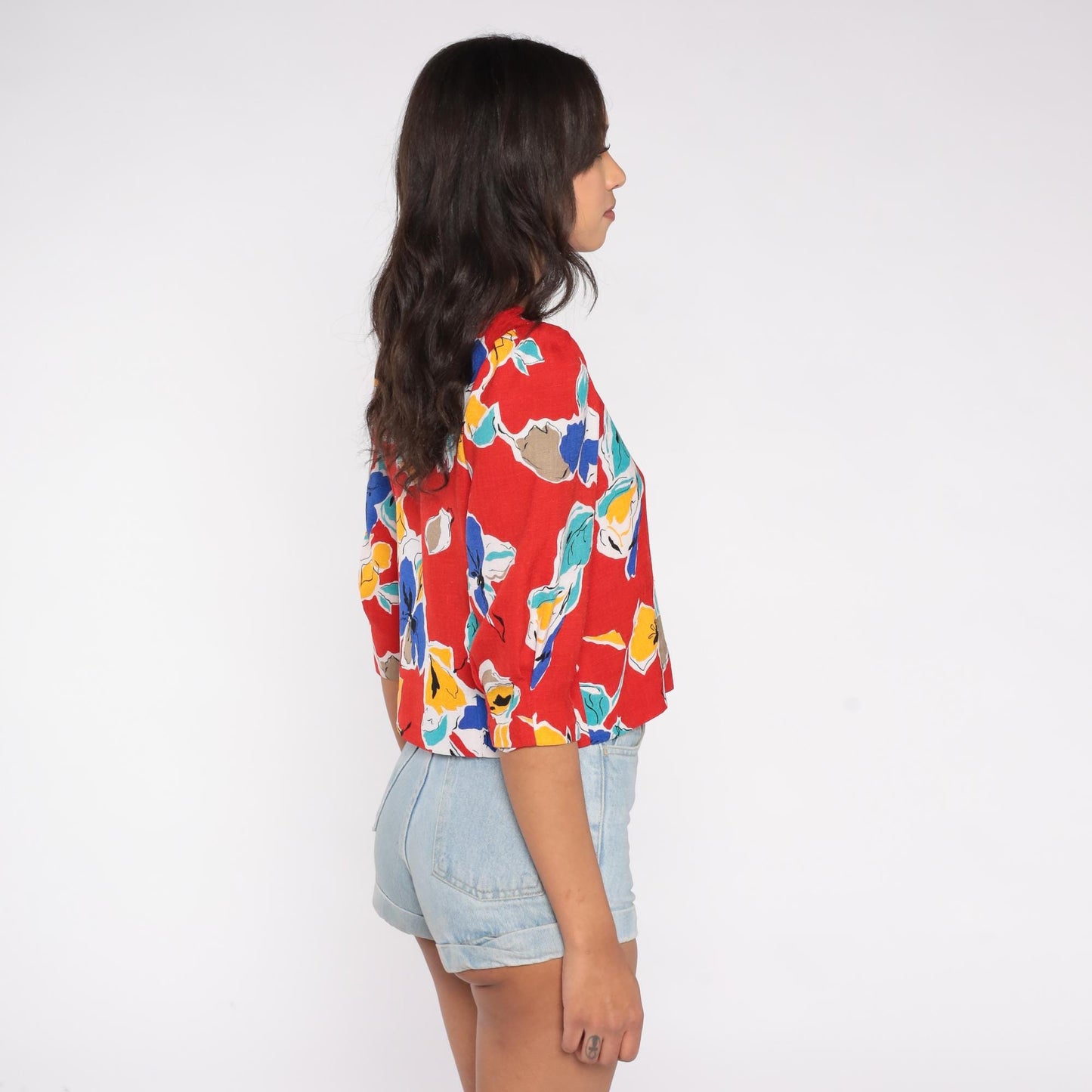 80s Abstract Floral Button Blouse Red Teal Yellow Puff Sleeve Extra Small XS