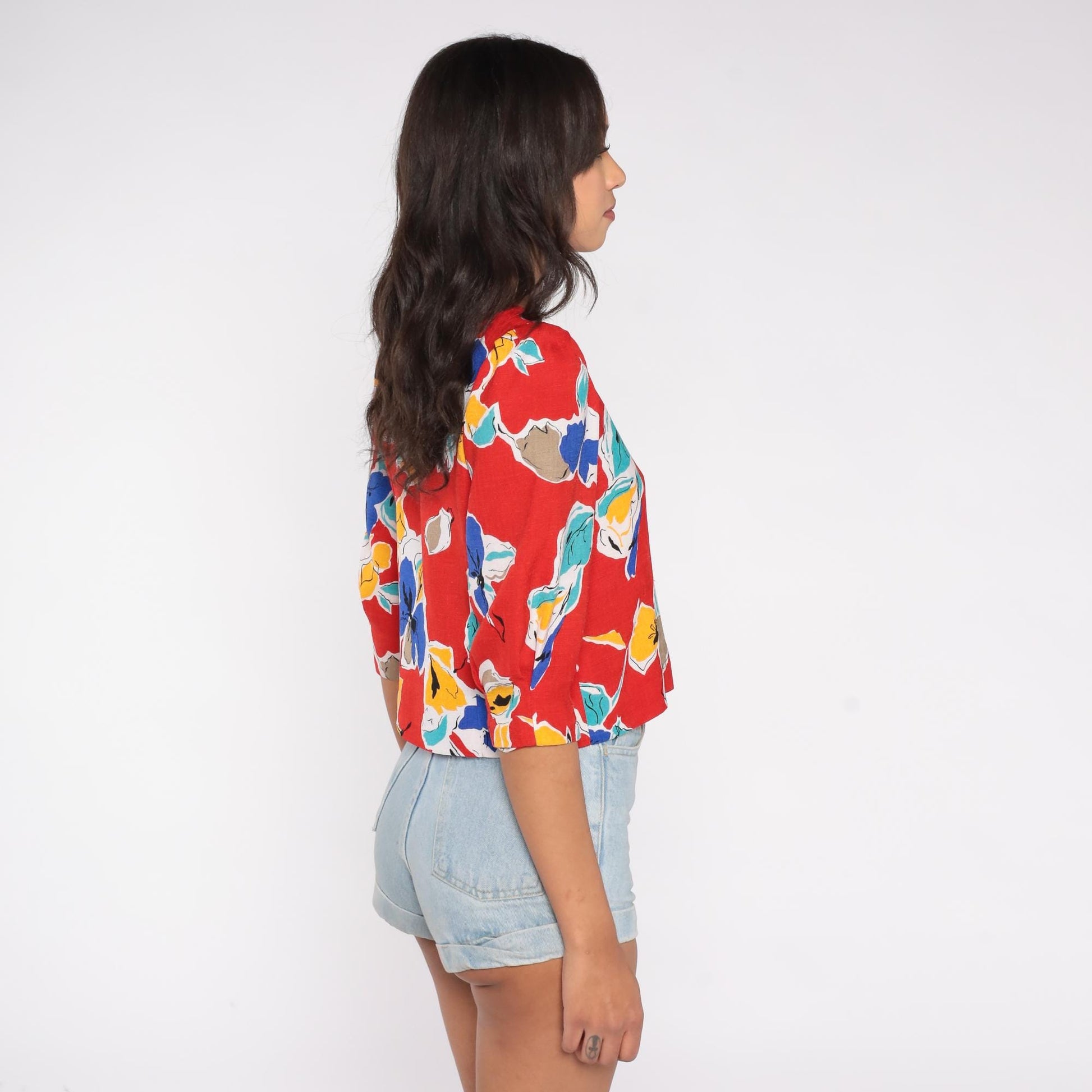 80s Abstract Floral Button Blouse Red Teal Yellow Puff Sleeve Extra Small XS