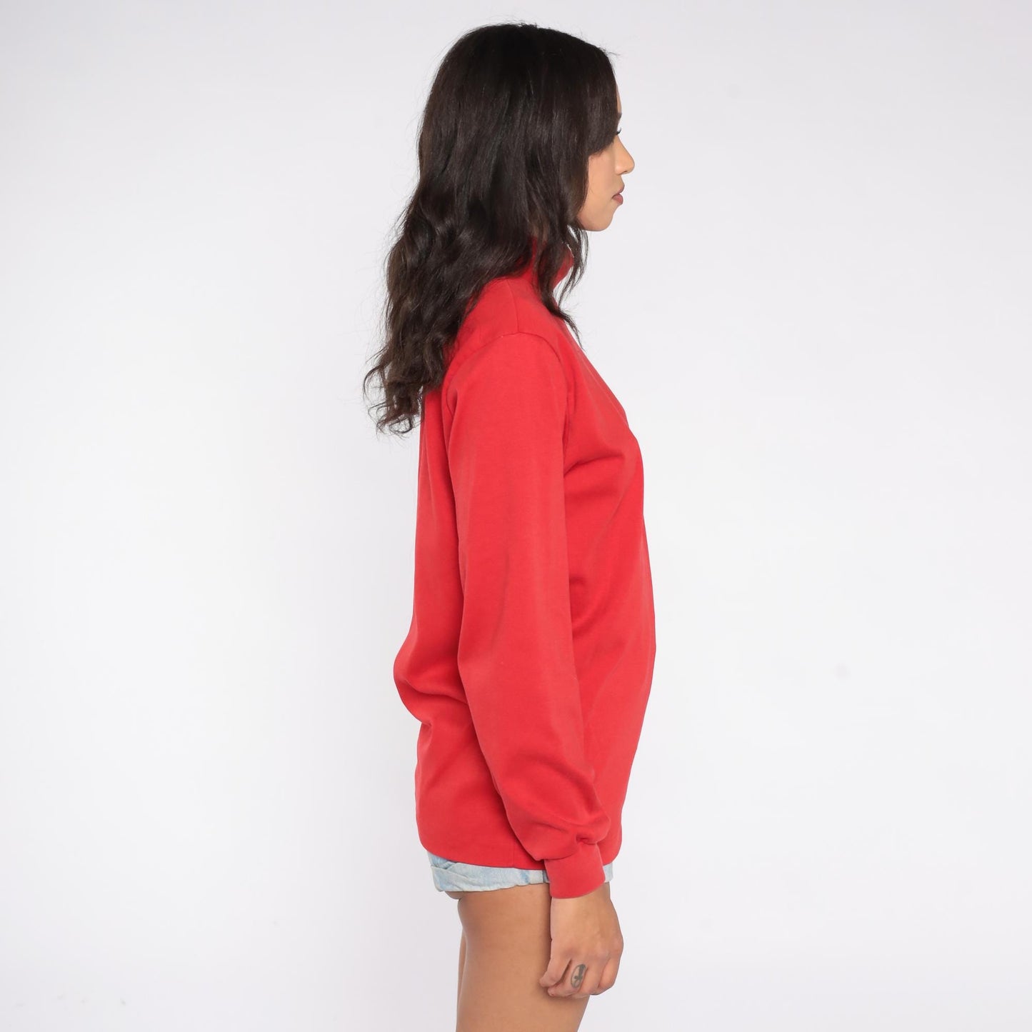 80s SKYR Red Mock Neck Sweatshirt Cotton Lycra Long Sleeve Large L