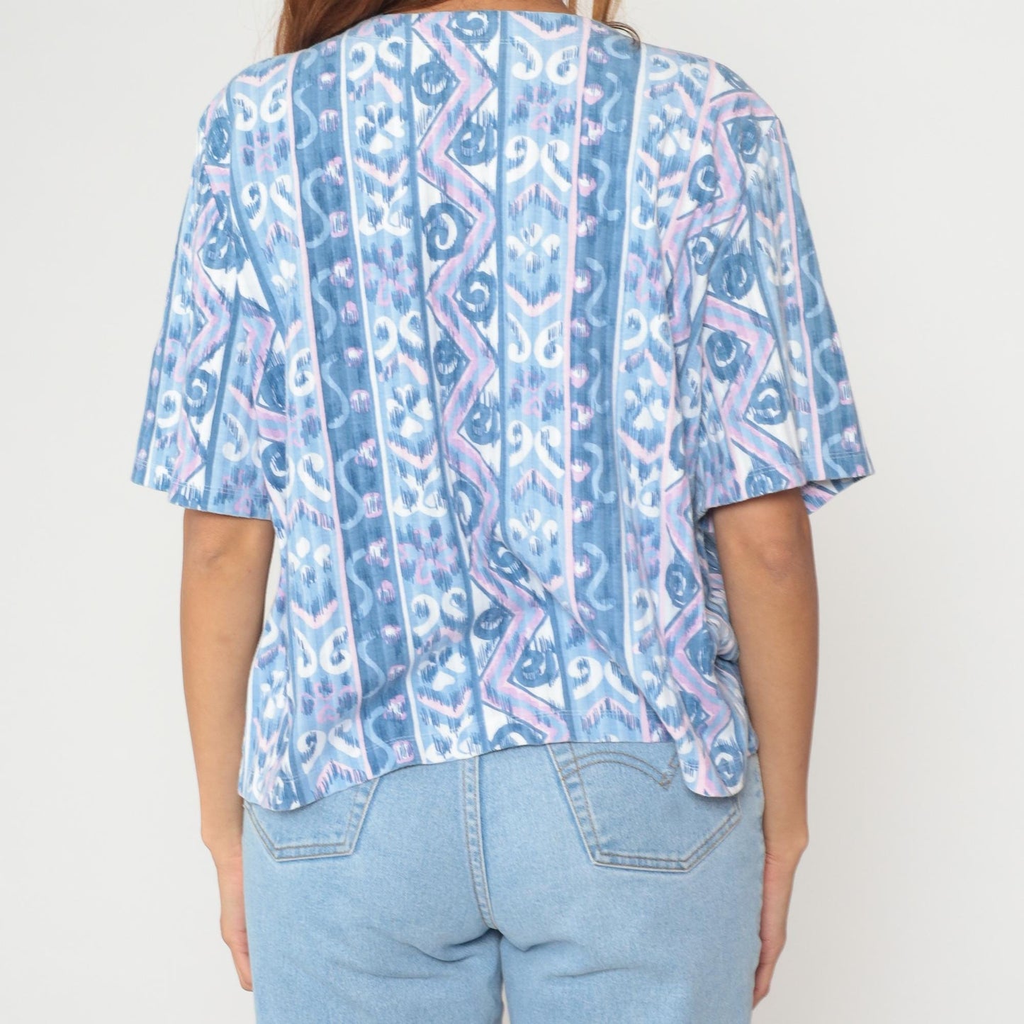 90s Blue Ikat Geometric Print Cotton Blouse Button Front Tribal Pattern Large L