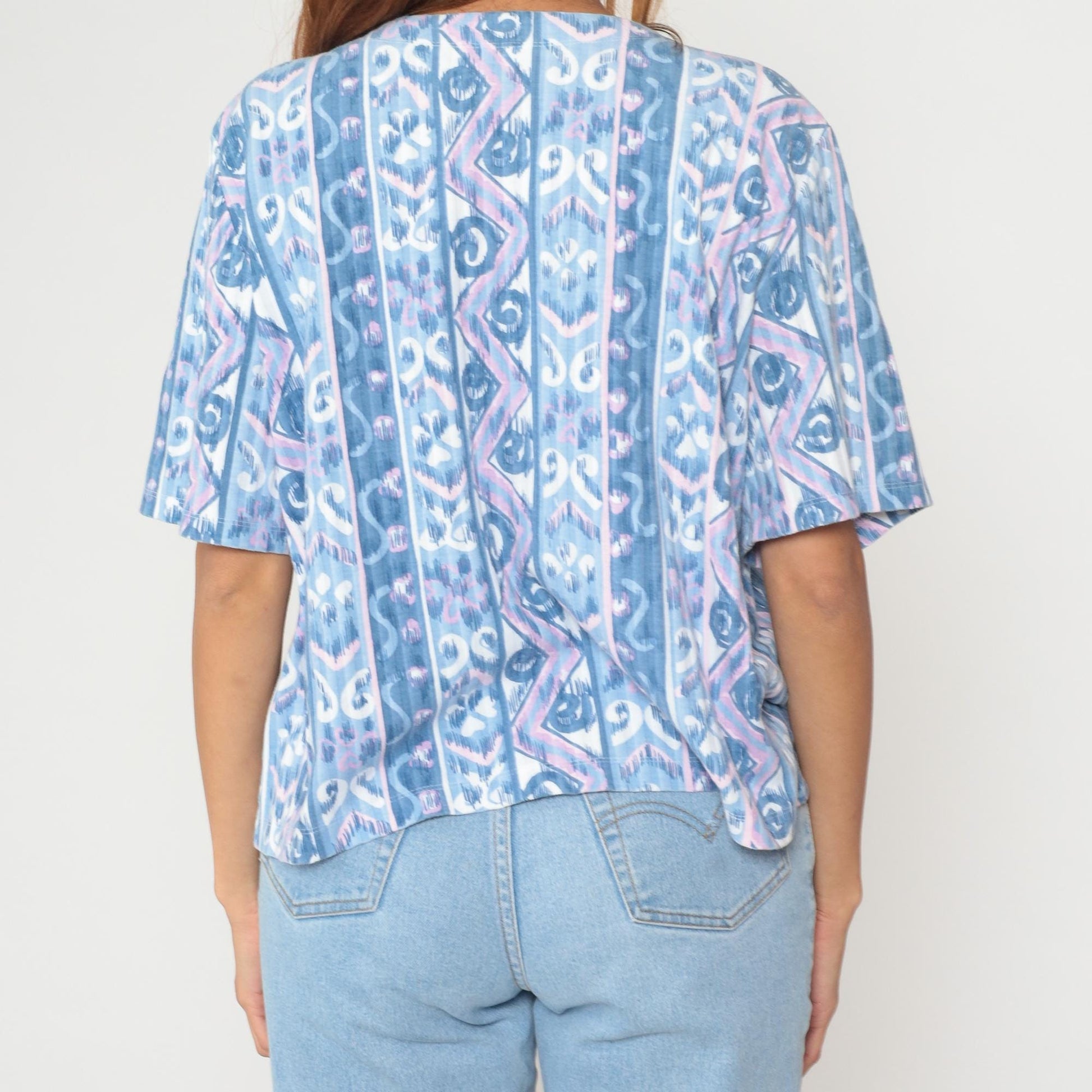 90s Blue Ikat Geometric Print Cotton Blouse Button Front Tribal Pattern Large L