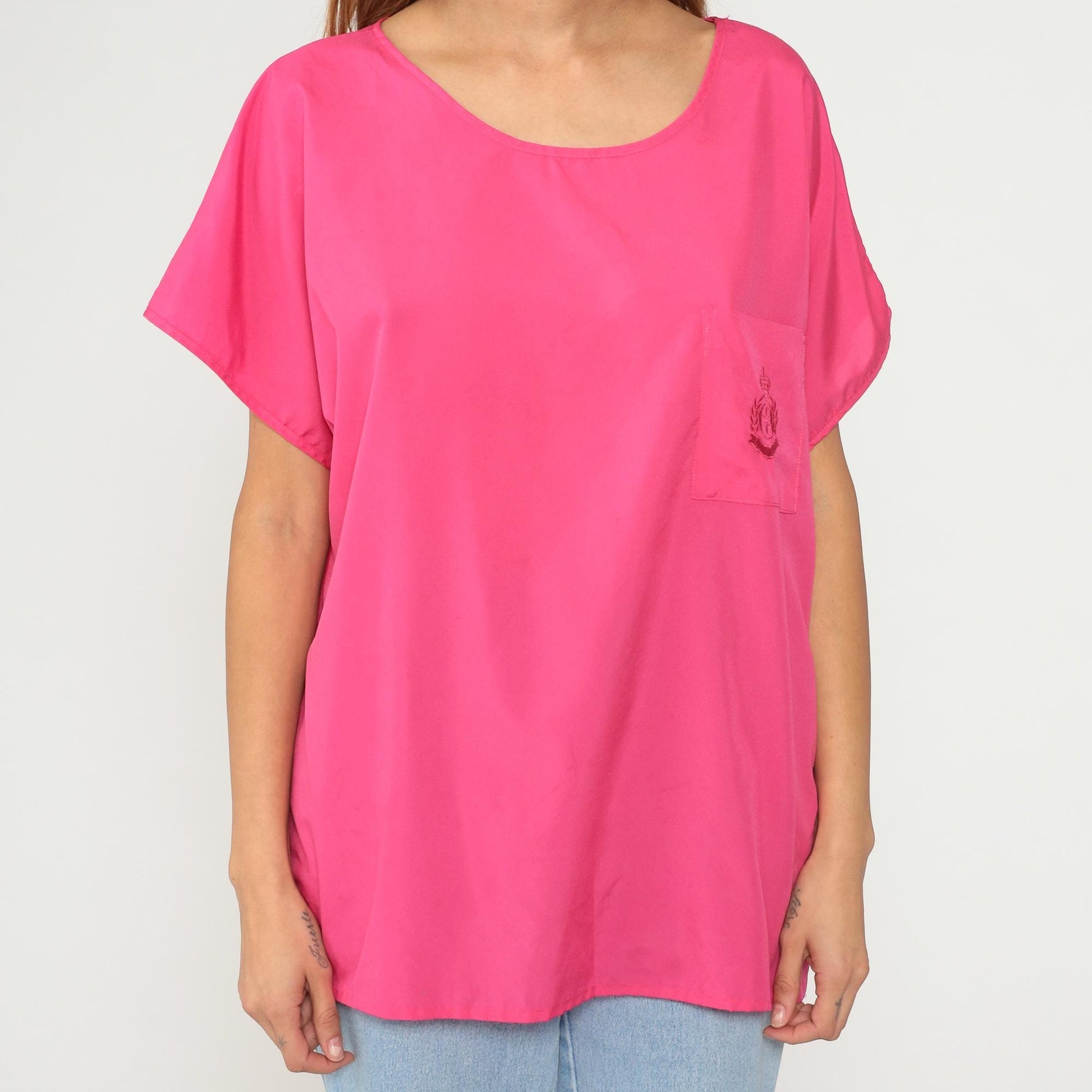 90s Hot Pink Polyester Tunic Top Short Sleeve Scoop Neck Extra Large XXL