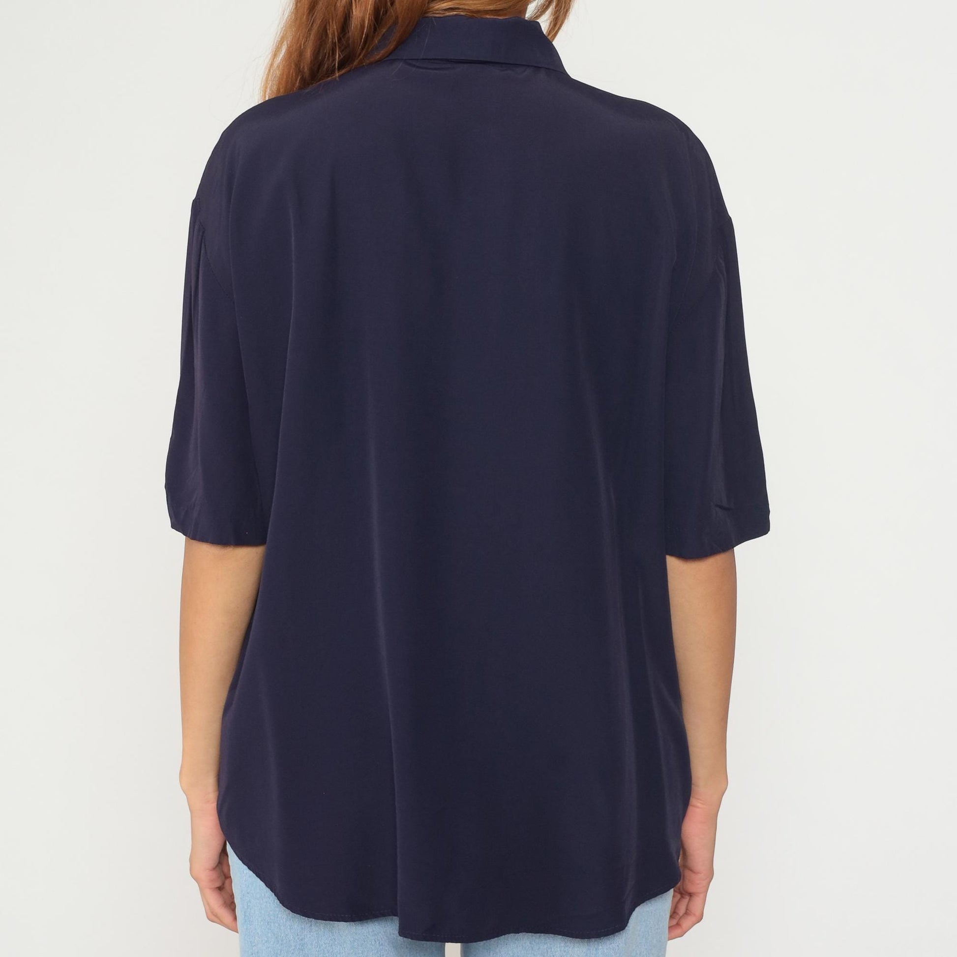90s Navy Blouse with Gold Chain Detail Short Sleeve Point Collar Large L