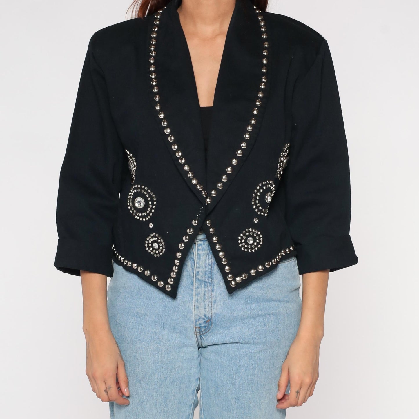 90s Molato Black Cotton Blazer Rhinestone Stud Embellished Cropped Large L