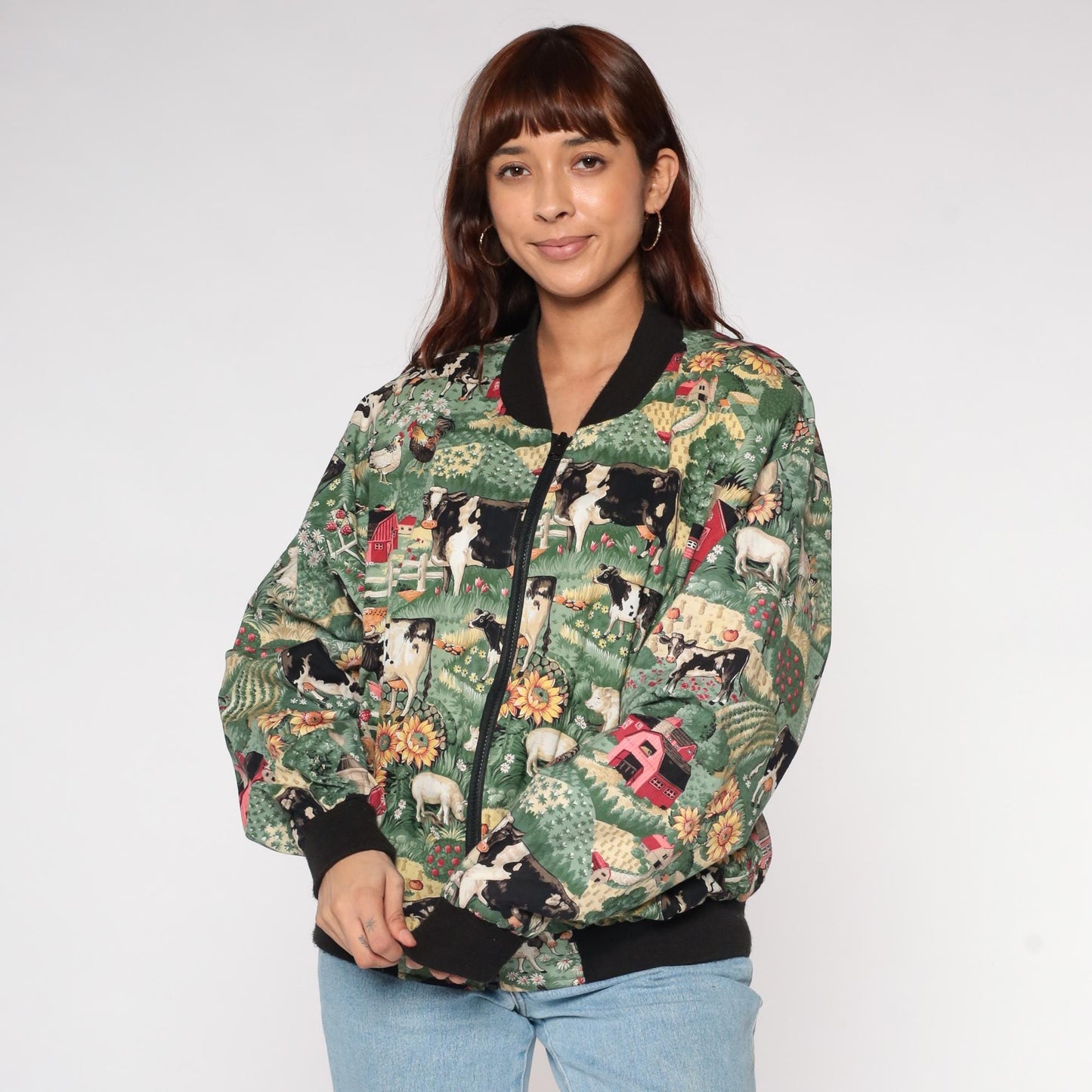 90s Infinity Chic Reversible Bomber Jacket Cat Farm Print Cotton