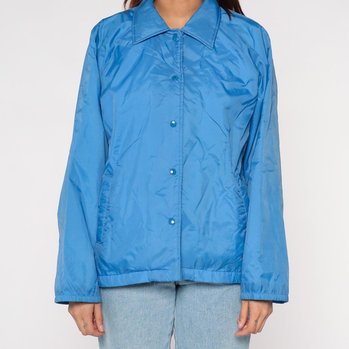 80s Sears Electric Blue Windbreaker Nylon Button-Front Jacket Large
