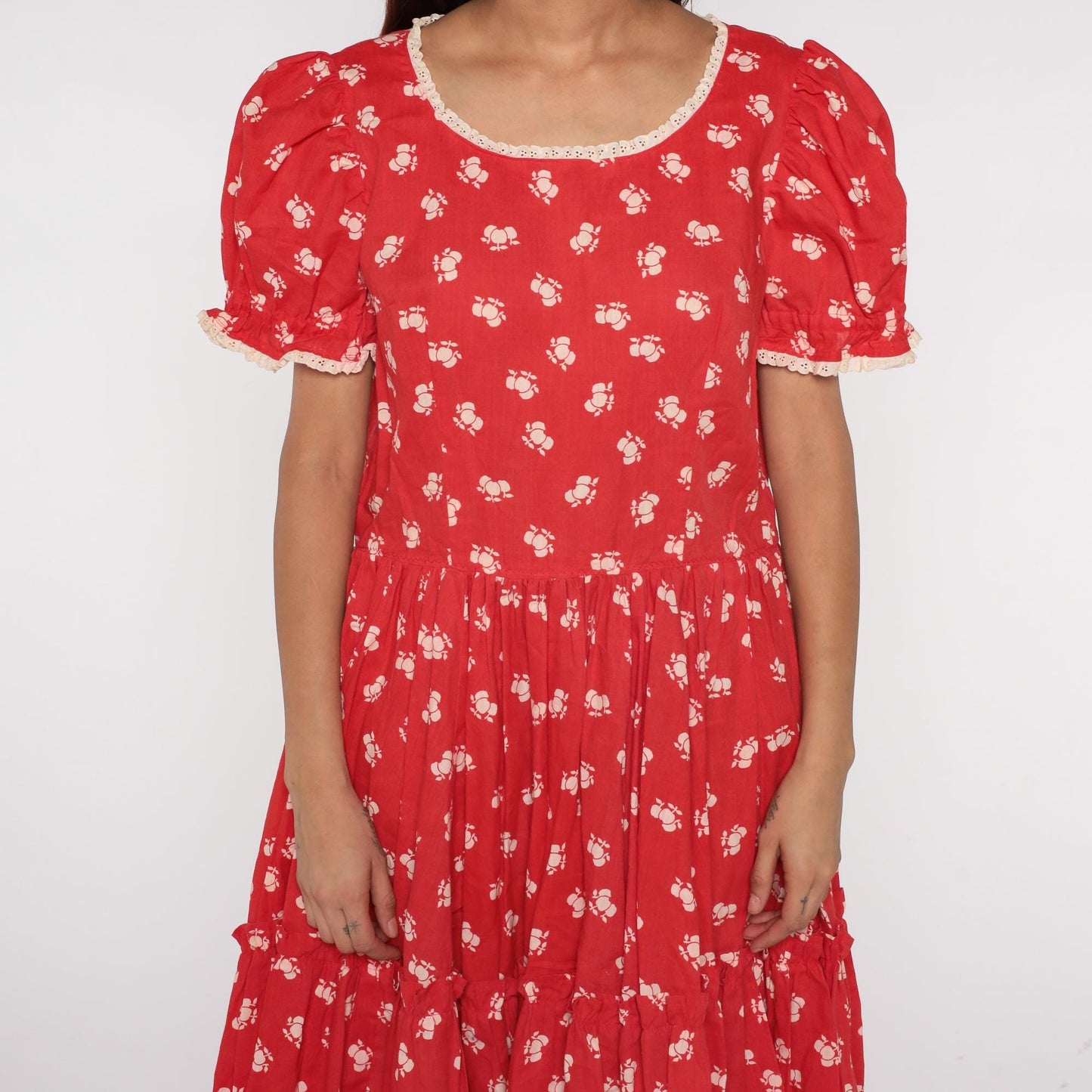 70s Apple Red Floral Prairie Dress Puff Sleeves Lace Trim Extra Large XL