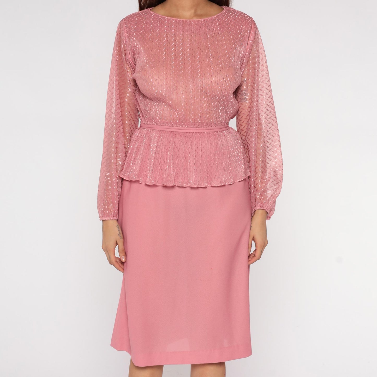 70s Hal Ferman Disco Dress Pink Metallic Peplum Long Sleeve Medium