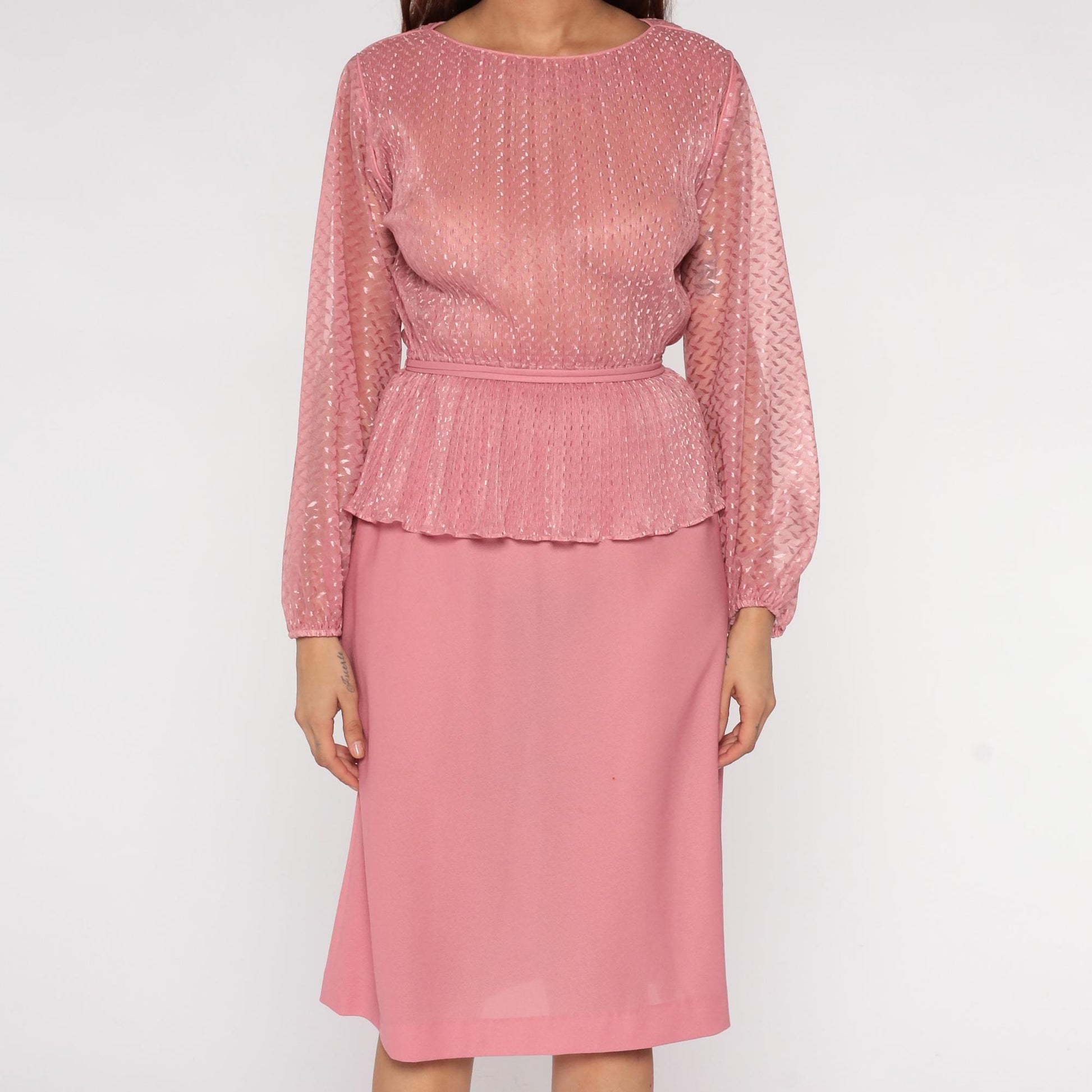 70s Hal Ferman Disco Dress Pink Metallic Peplum Long Sleeve Medium