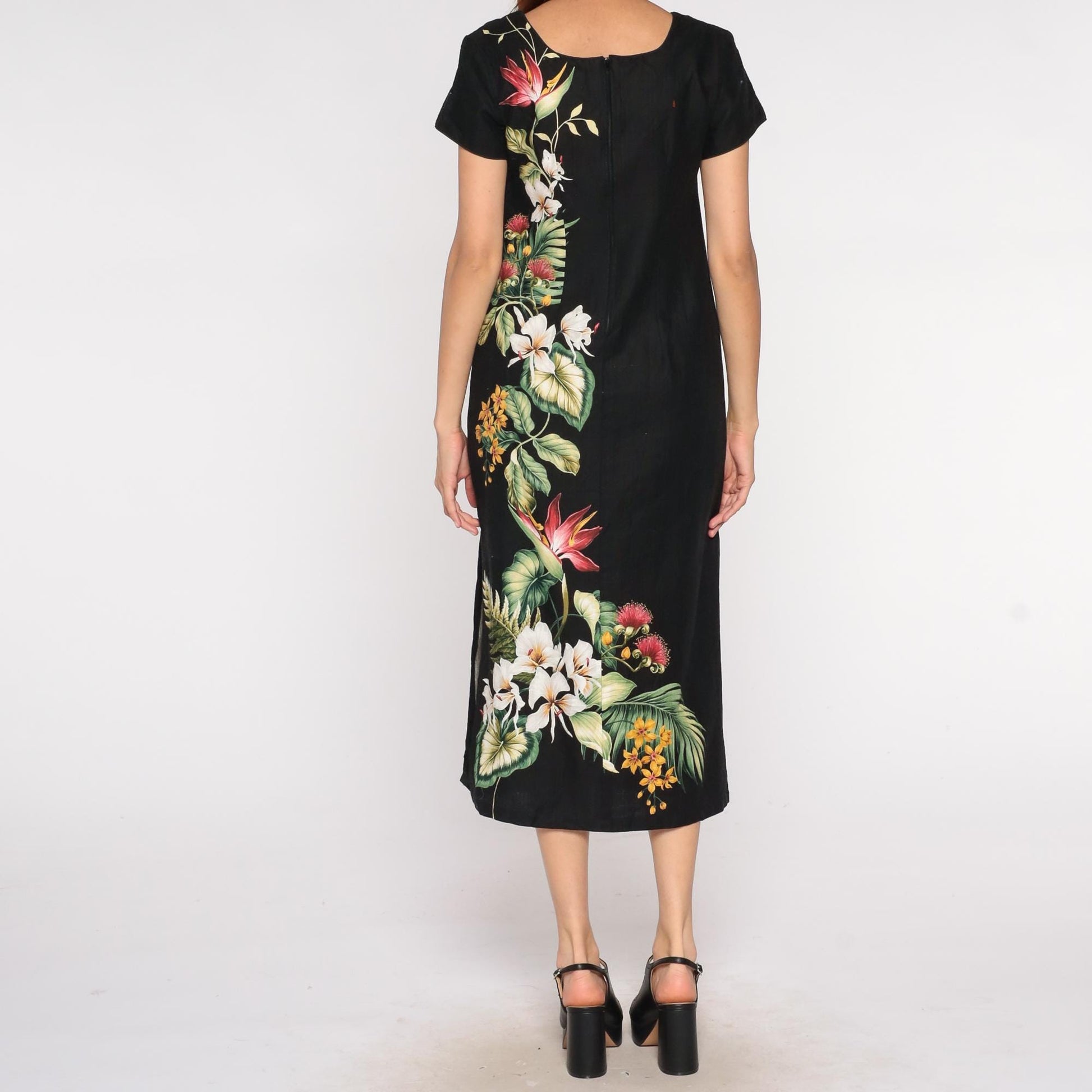 Young Hawaii Black Tropical Floral Midi Dress Bird of Paradise Cotton Small S