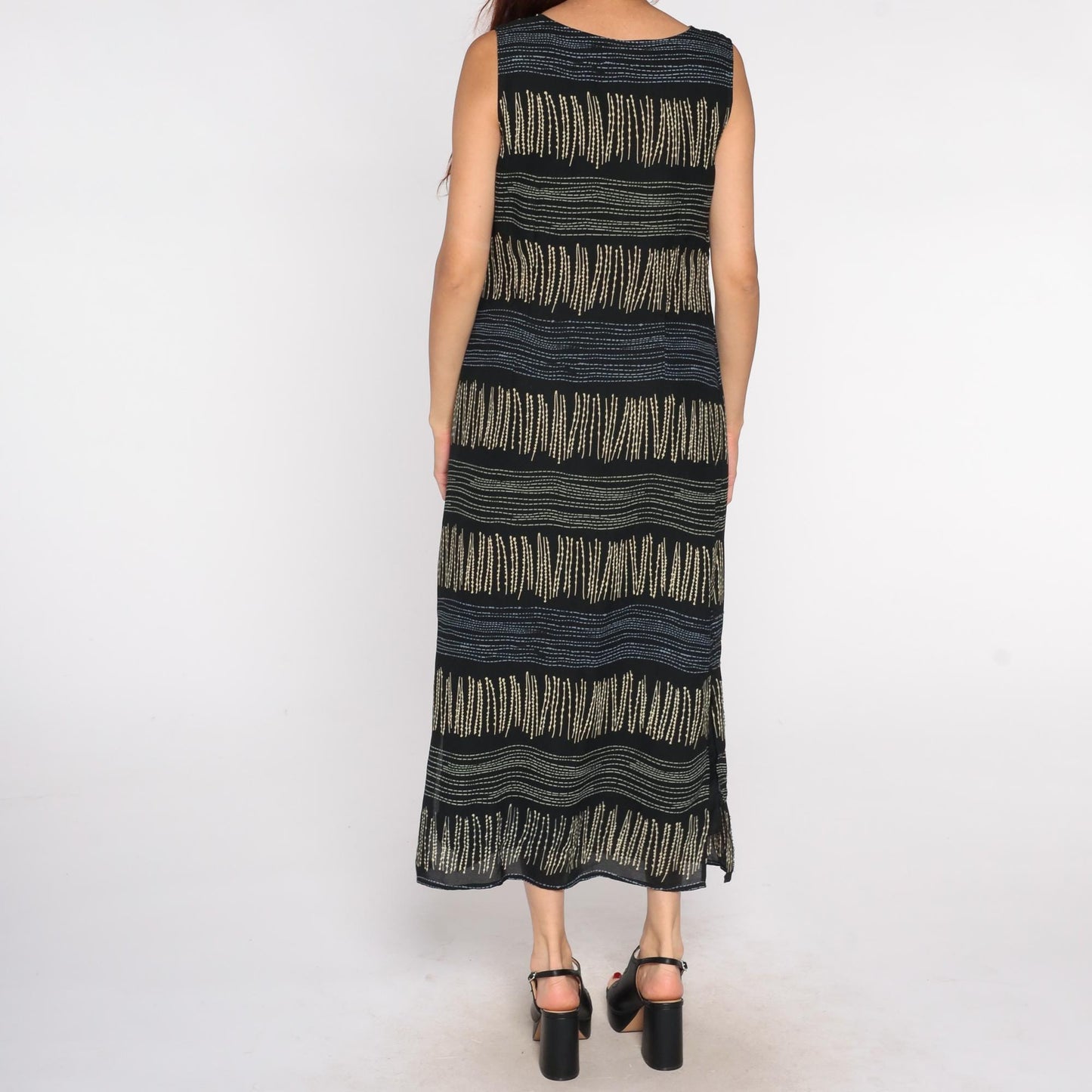 90s Expressions Abstract Stripe Maxi Dress Black Tan Sleeveless Small