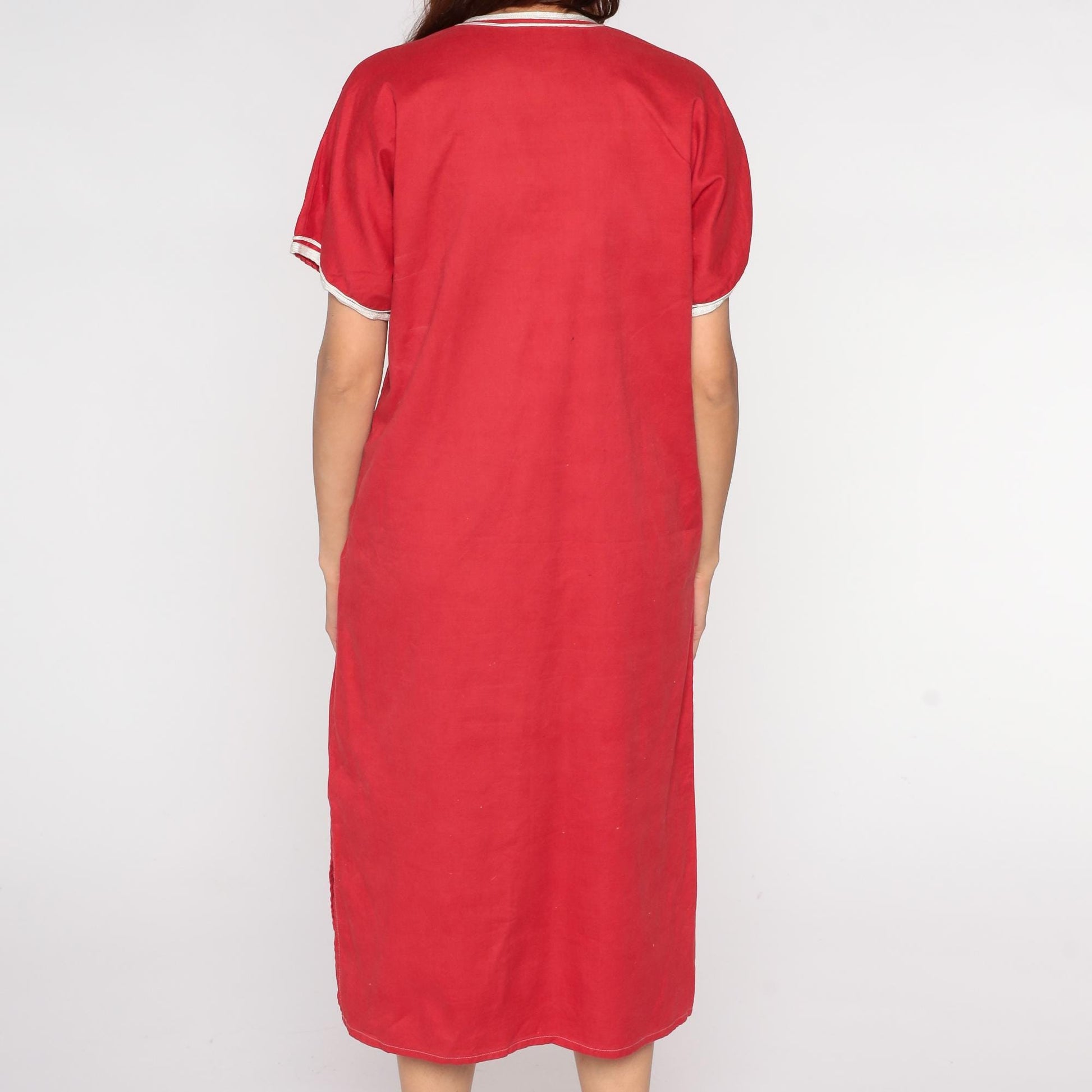 80s Red Kaftan Dress Cotton Blend V-Neck Jellyfish Embroidered Midi Medium M