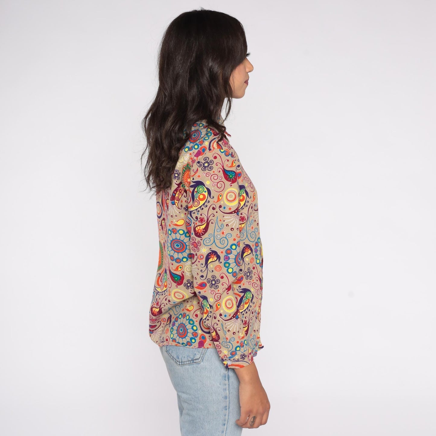 Y2K Psychedelic Button Down Shirt Beige Paisley Swirl Cotton Small S