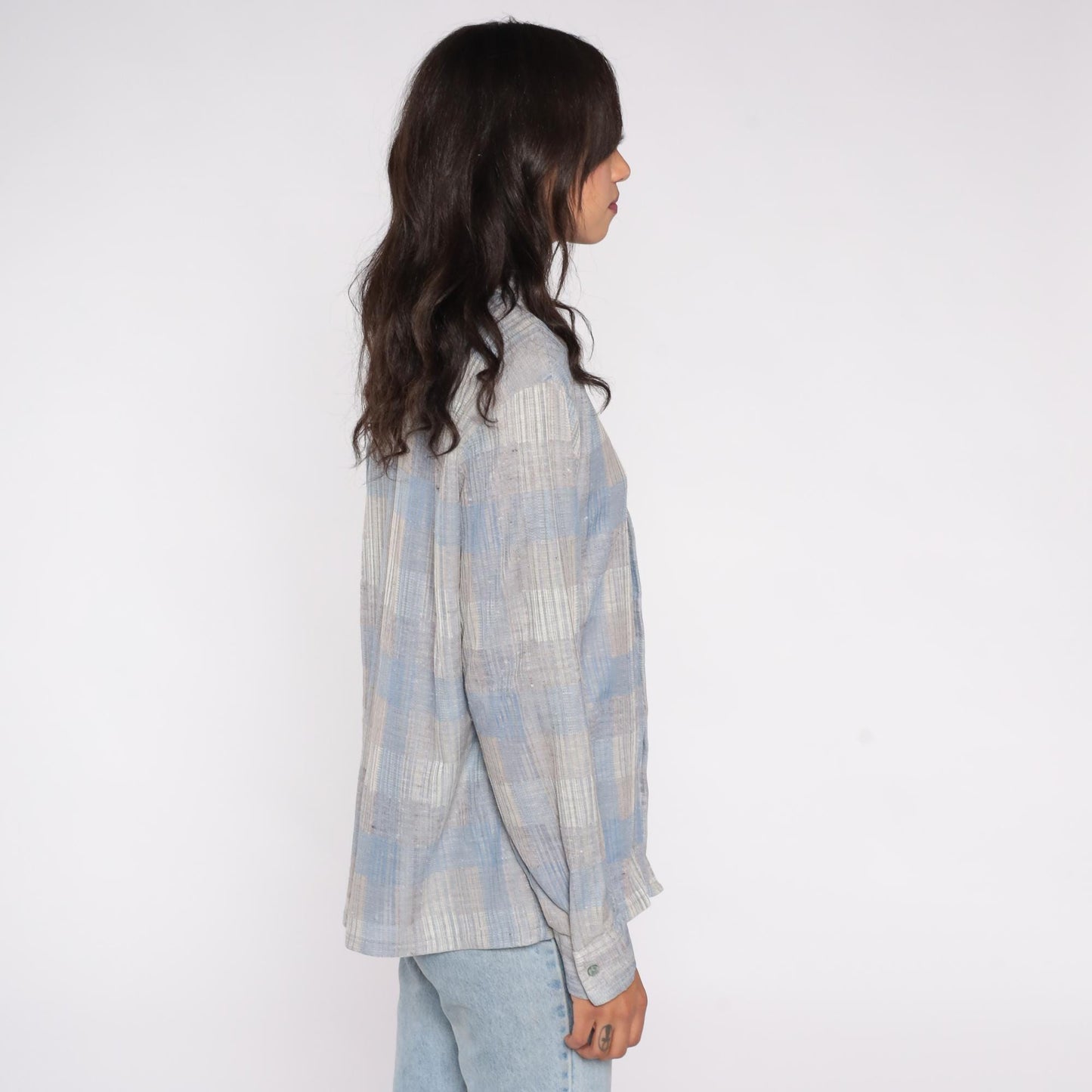70s Joel Plaid Button-Down Shirt Blue Grey Polyester Long Sleeve Extra Large XL