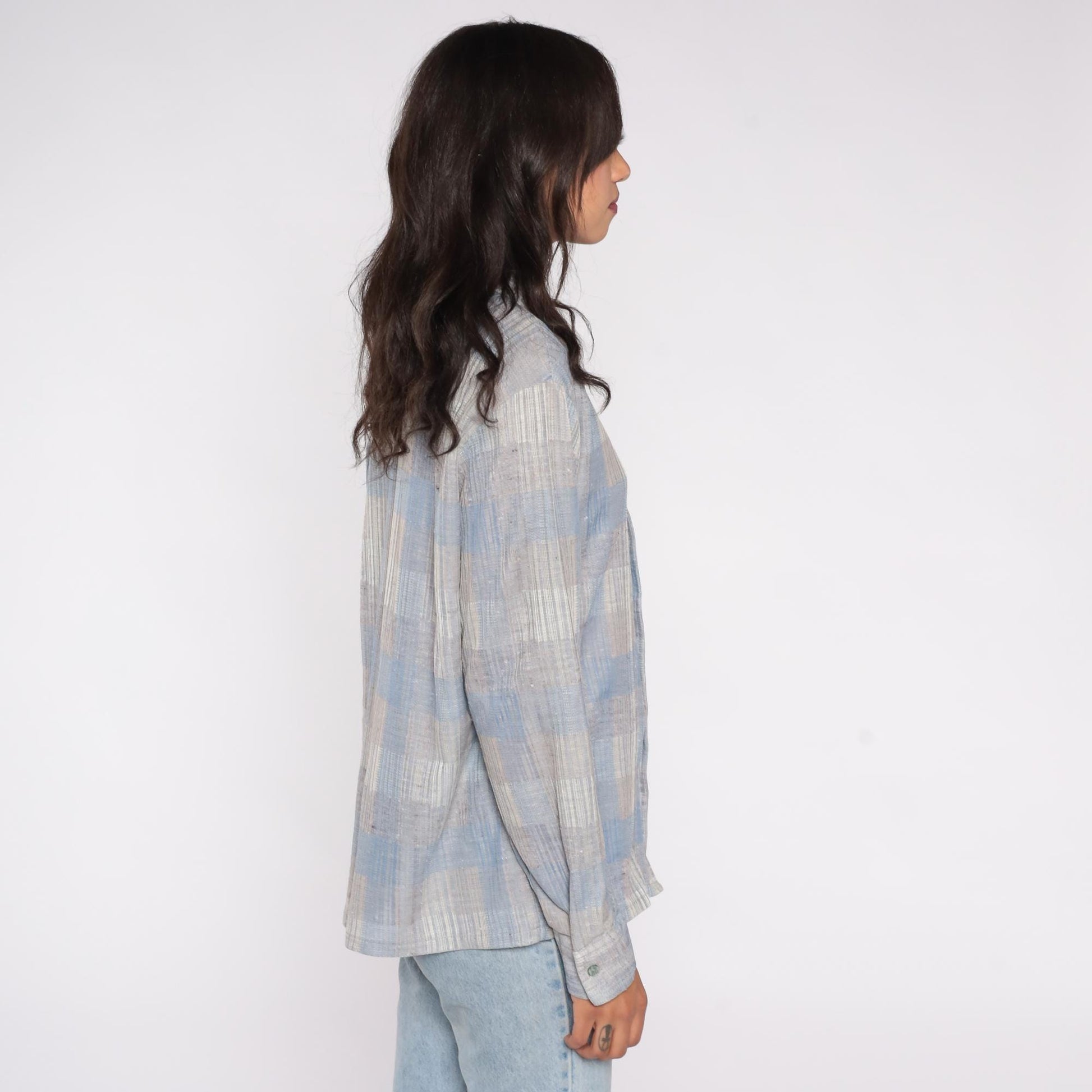 70s Joel Plaid Button-Down Shirt Blue Grey Polyester Long Sleeve Extra Large XL