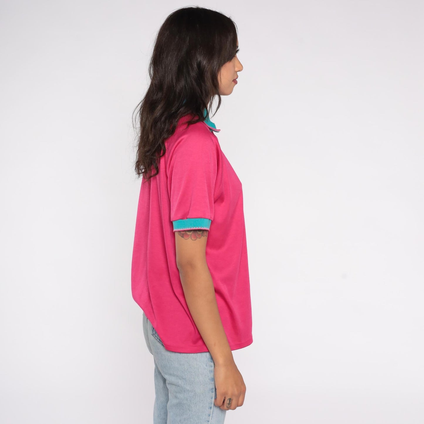 90s Bette & Court Hot Pink Polo Shirt Teal Trim Golf EWG Large L