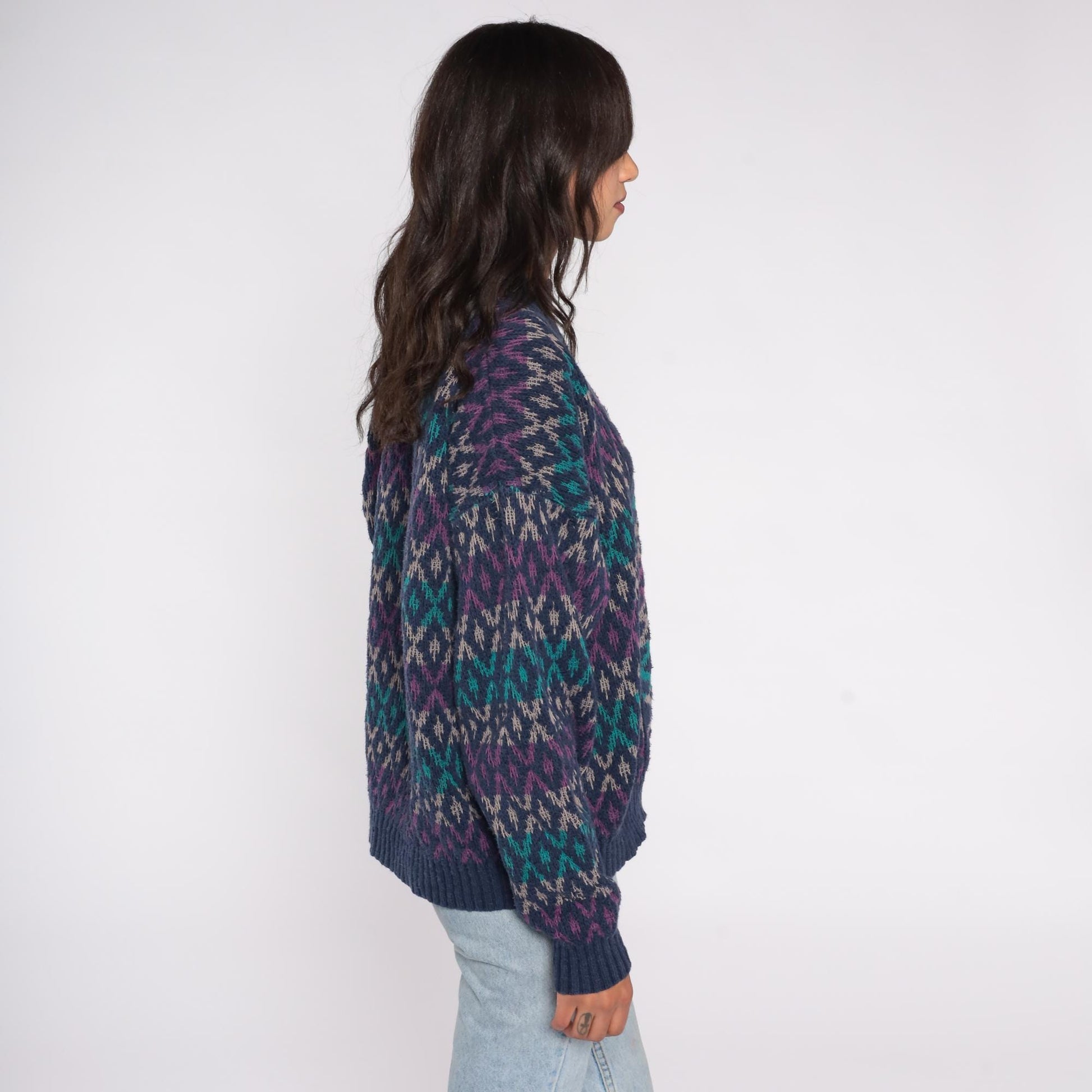 90s Patrick James Geometric Diamond Sweater Navy Teal Purple Cotton XL