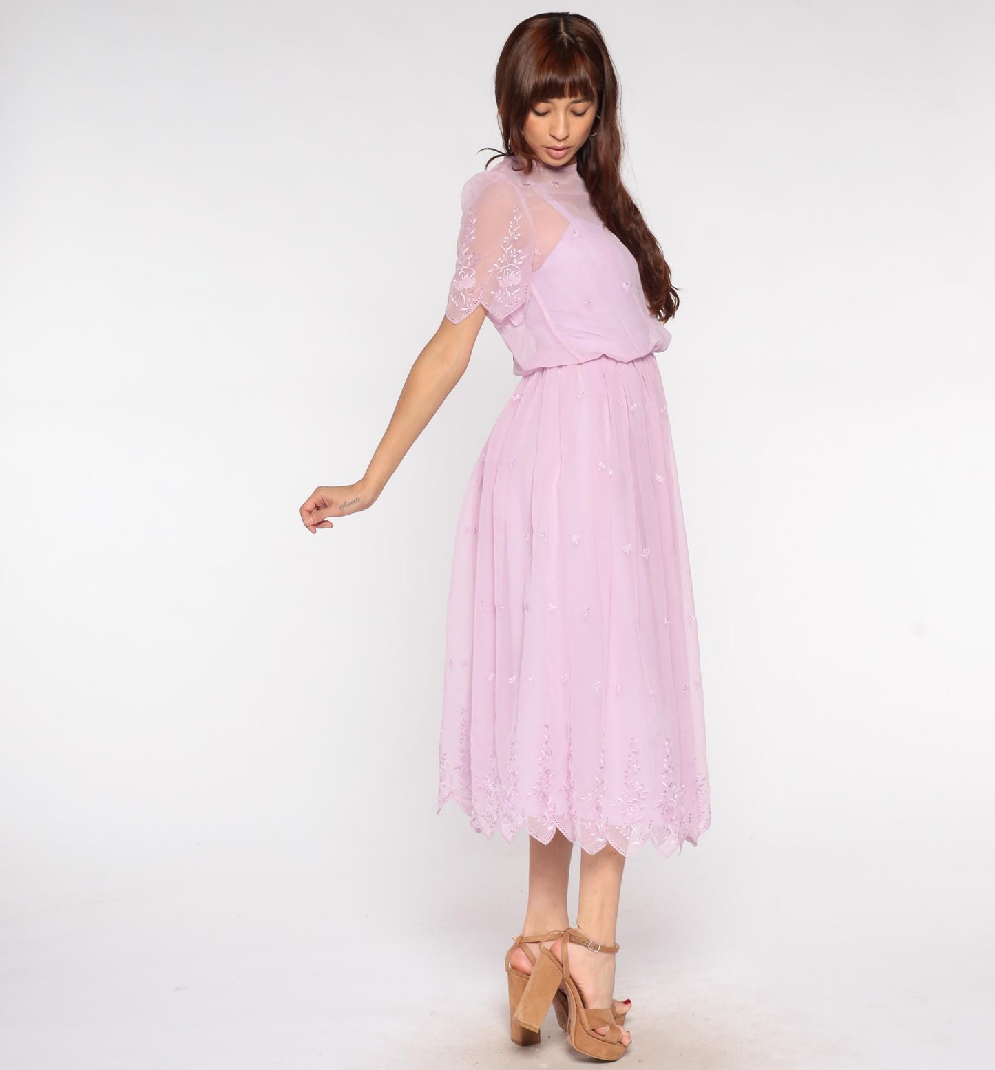 70s Lavender Prairie Dress Sheer Embroidered Midi Floral Scalloped Small