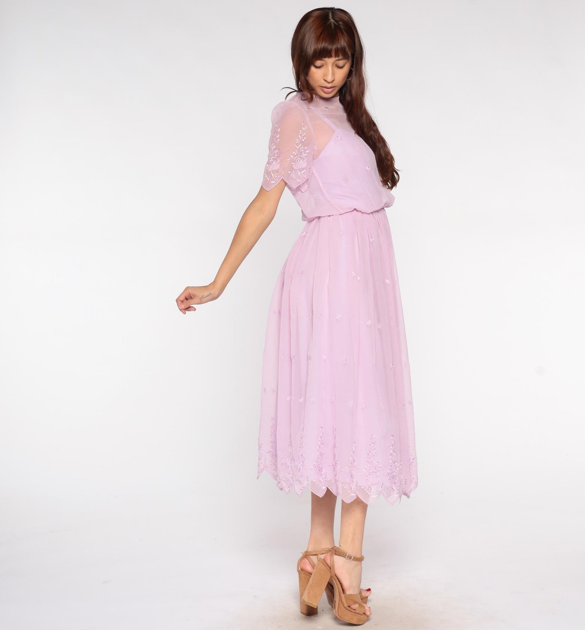 70s Lavender Prairie Dress Sheer Embroidered Midi Floral Scalloped Small