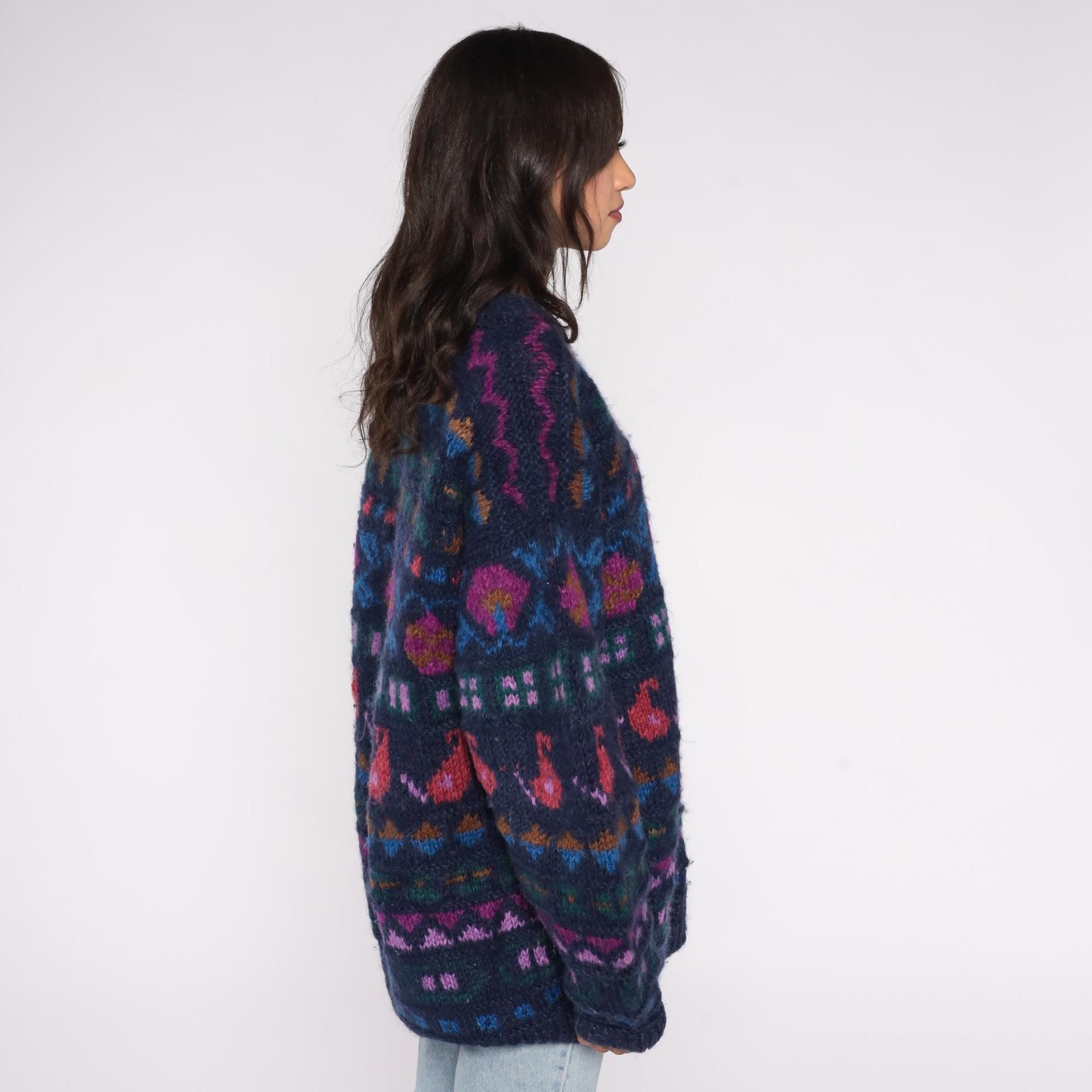 90s Ganesh Himal Hand Knit Wool Sweater Navy Fair Isle Geometric Pullover Extra Large