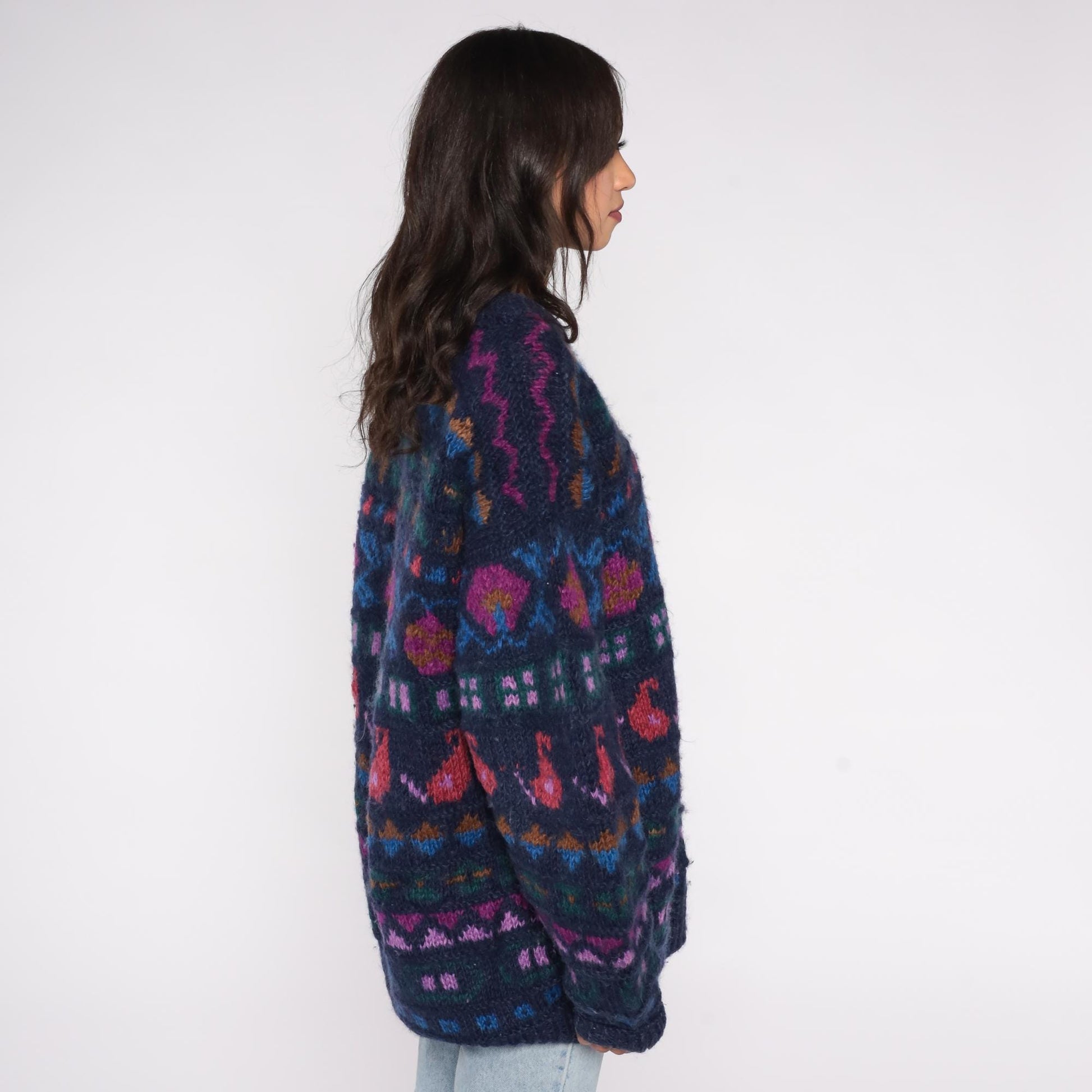 90s Ganesh Himal Hand Knit Wool Sweater Navy Fair Isle Geometric Pullover Extra Large