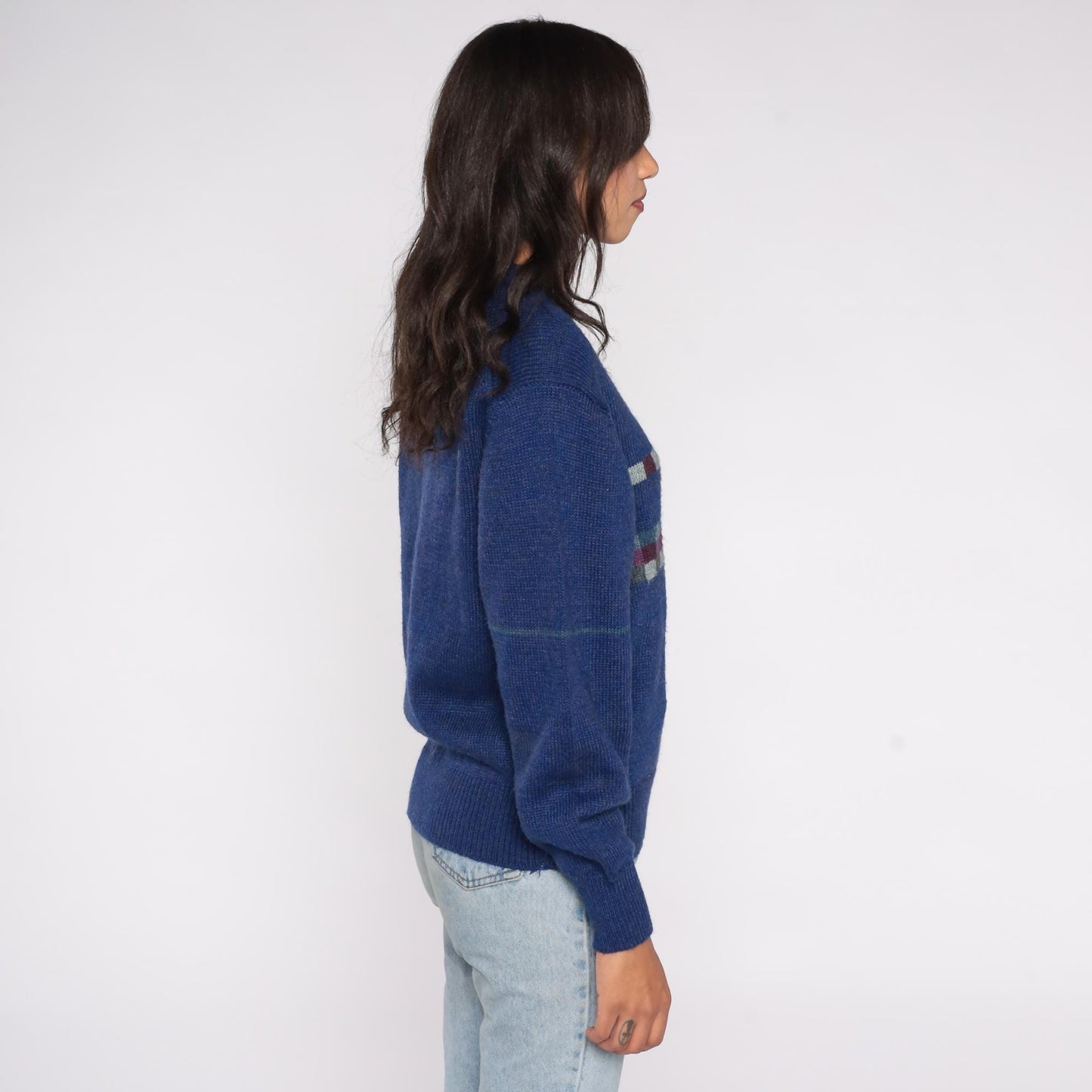 80s Navy Wool Blend Sweater Abstract Geometric Pattern Crewneck Medium
