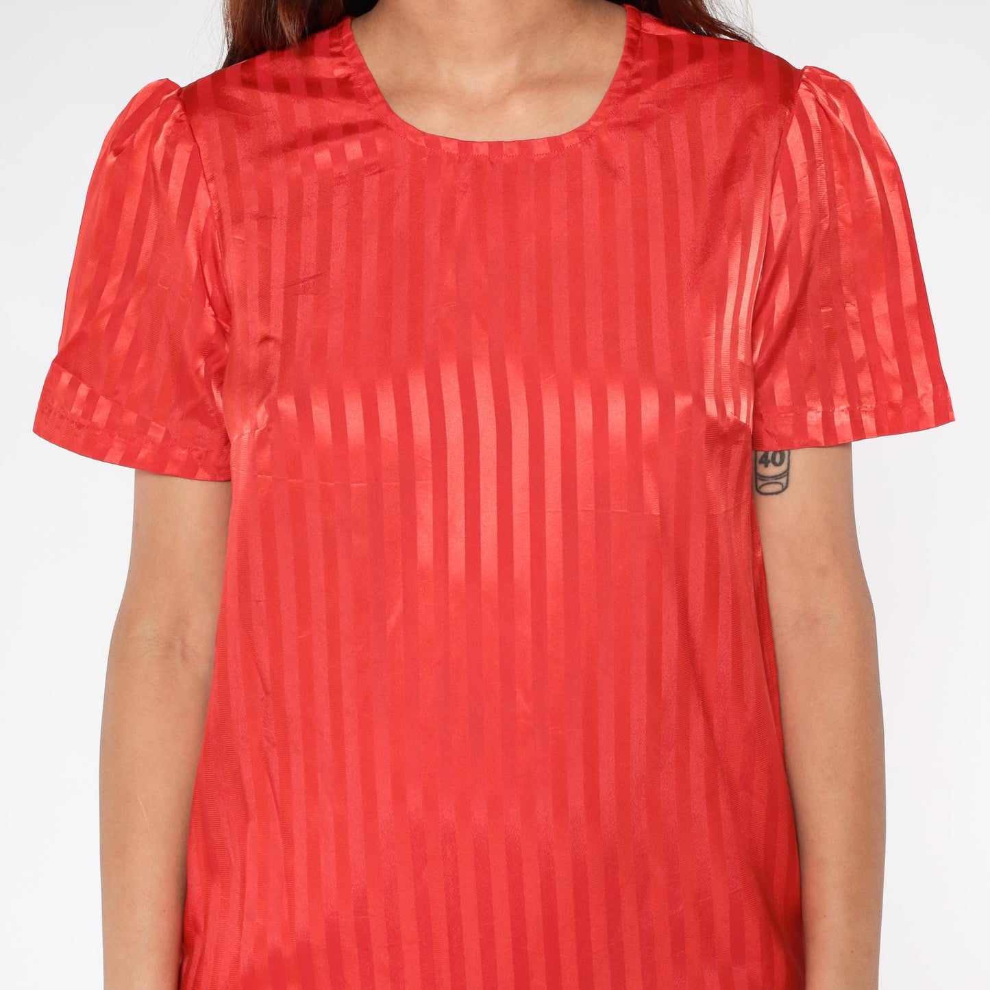 60s Red Satin Striped Shift Dress White Fringe Trim Mini XS