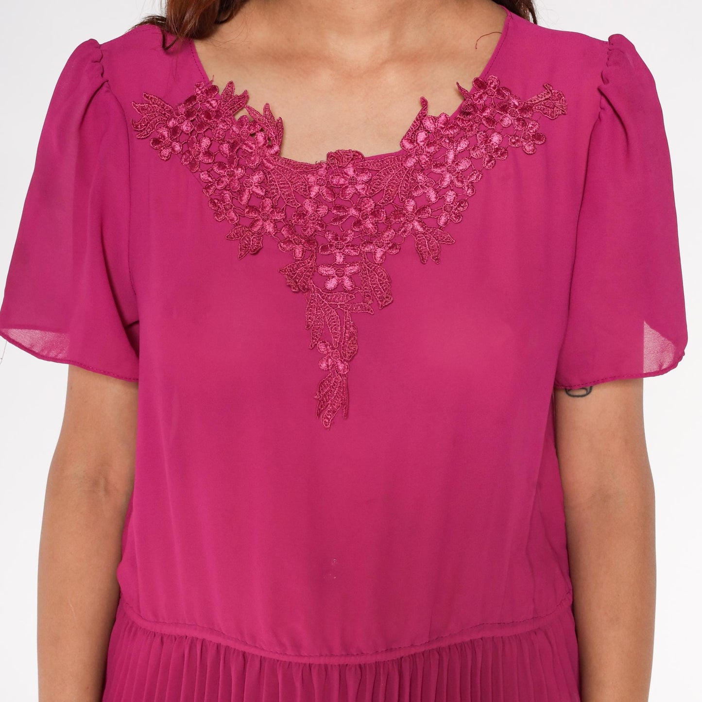 80s Mona Liza Magenta Pleated Midi Dress Puff Sleeve Floral Lace Large