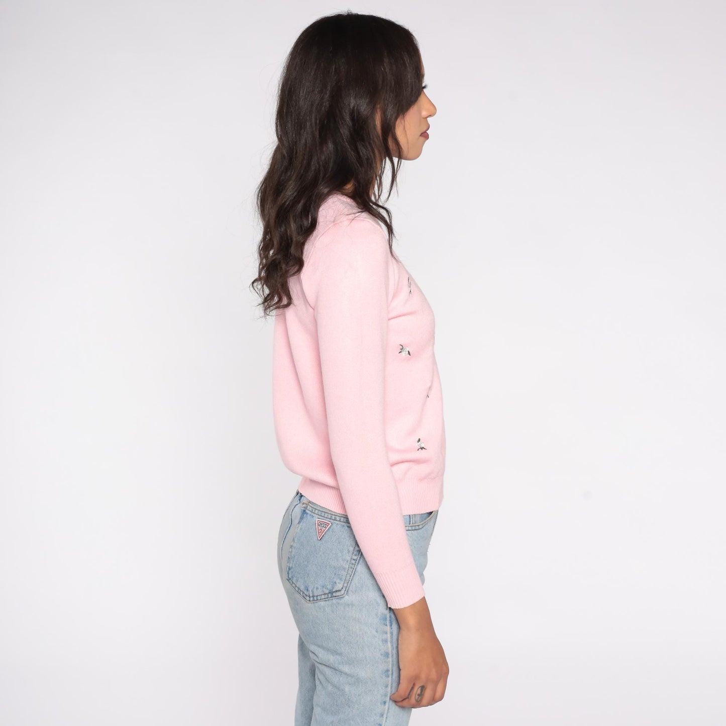 70s Pink Floral Embroidered Knit Sweater Crew Neck Long Sleeve Small S