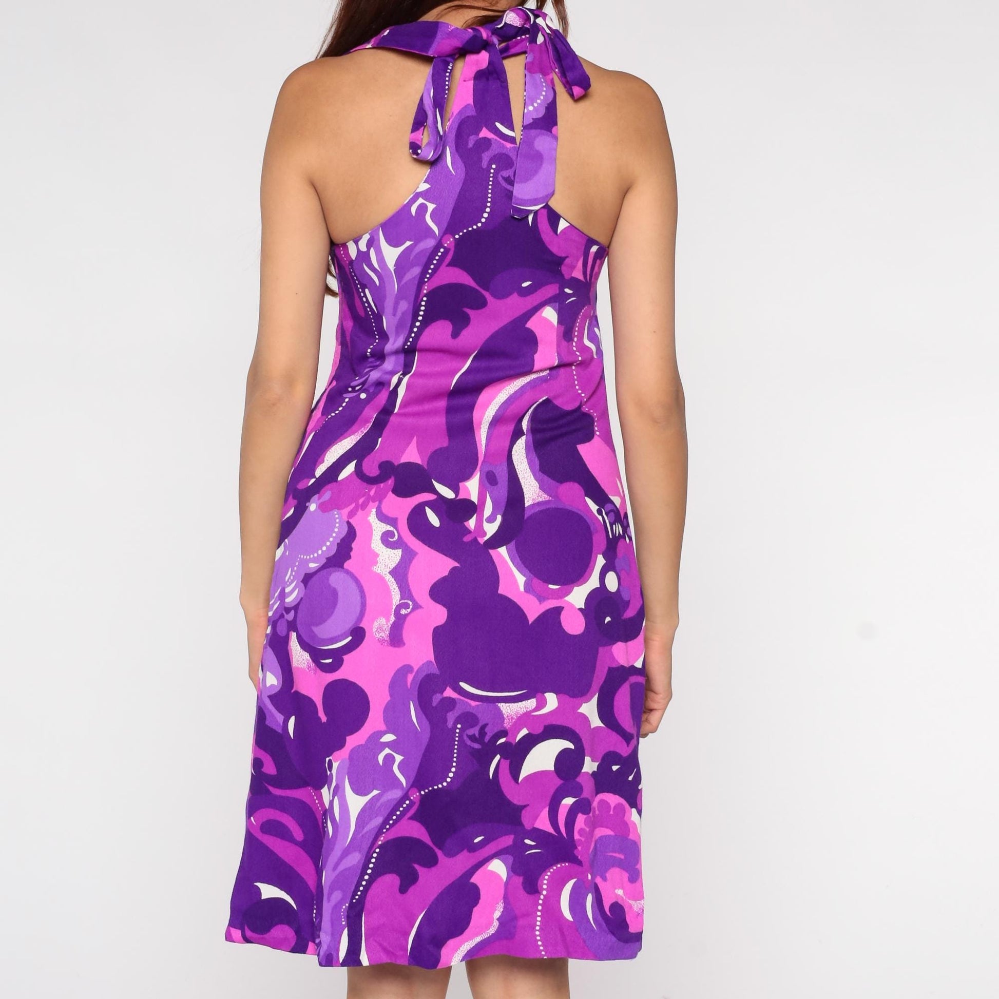 70s Purple Pink Hawaiian Print Halter Mini Dress Tie Back Sleeveless XS