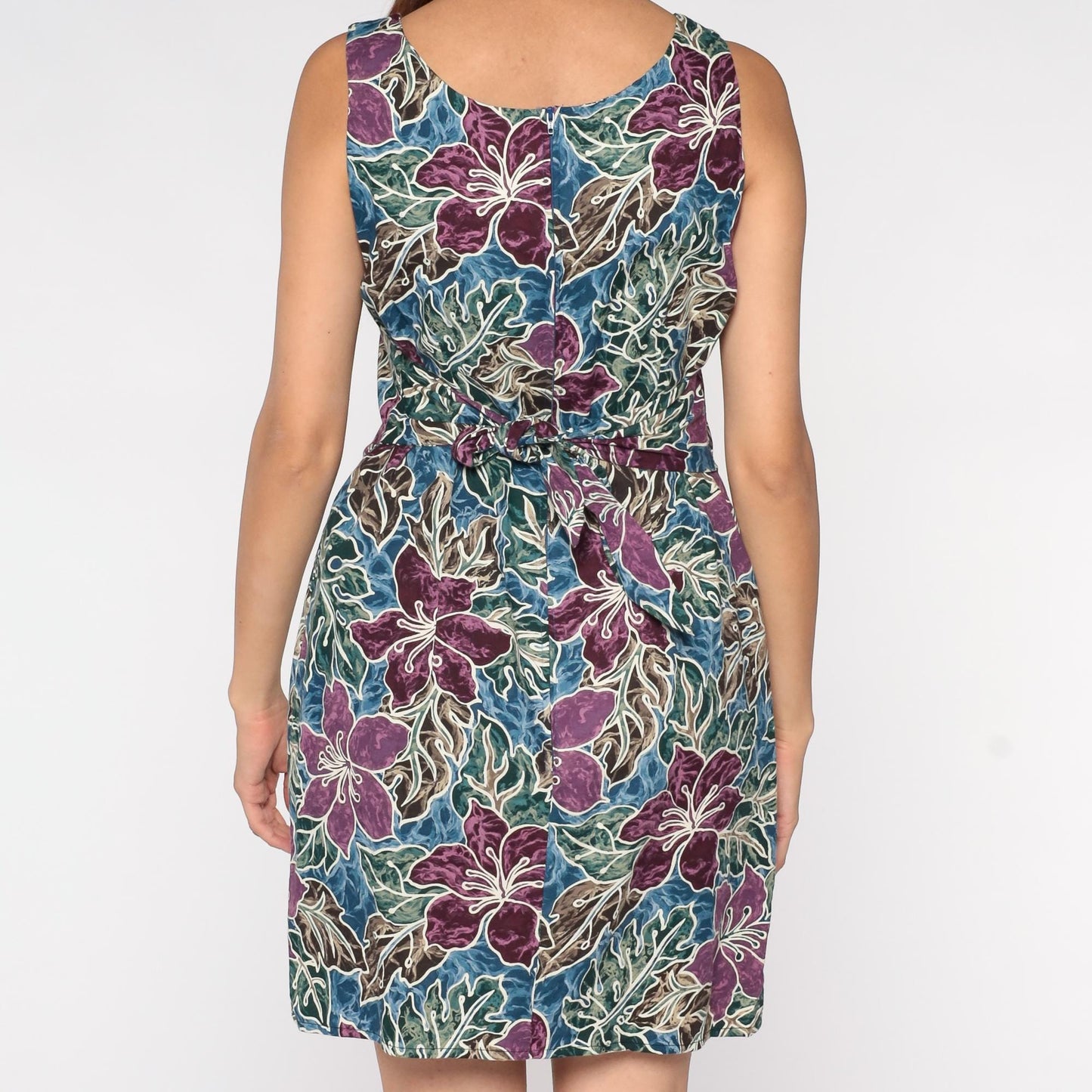 90s Hilo Hattie Hibiscus Floral Mini Dress Teal Purple Sleeveless XS