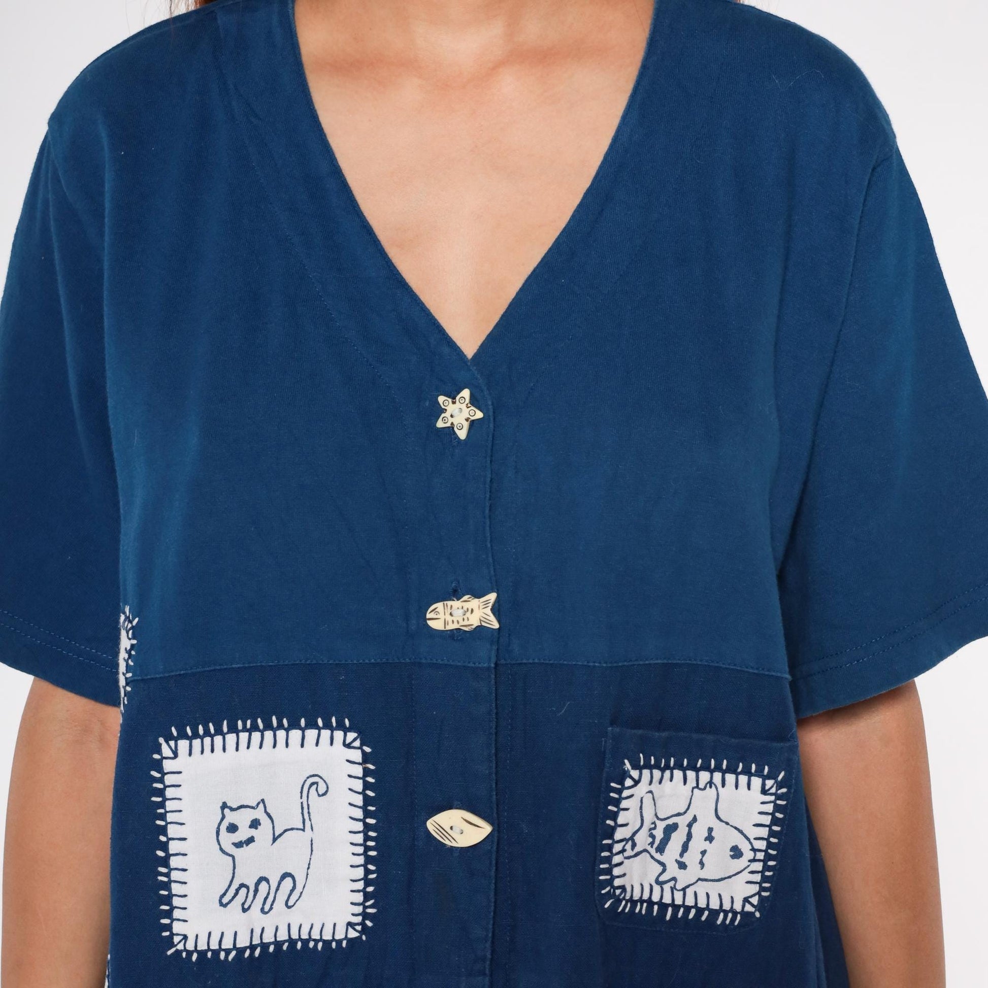 Y2K Navy Caftan Cat Fish Embroidered Button Front Maxi Cotton XL