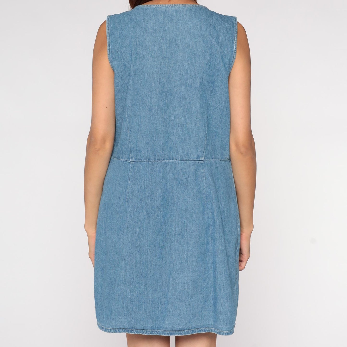 90s Blue Denim Mini Dress Empire Waist Sleeveless Button Front Medium M