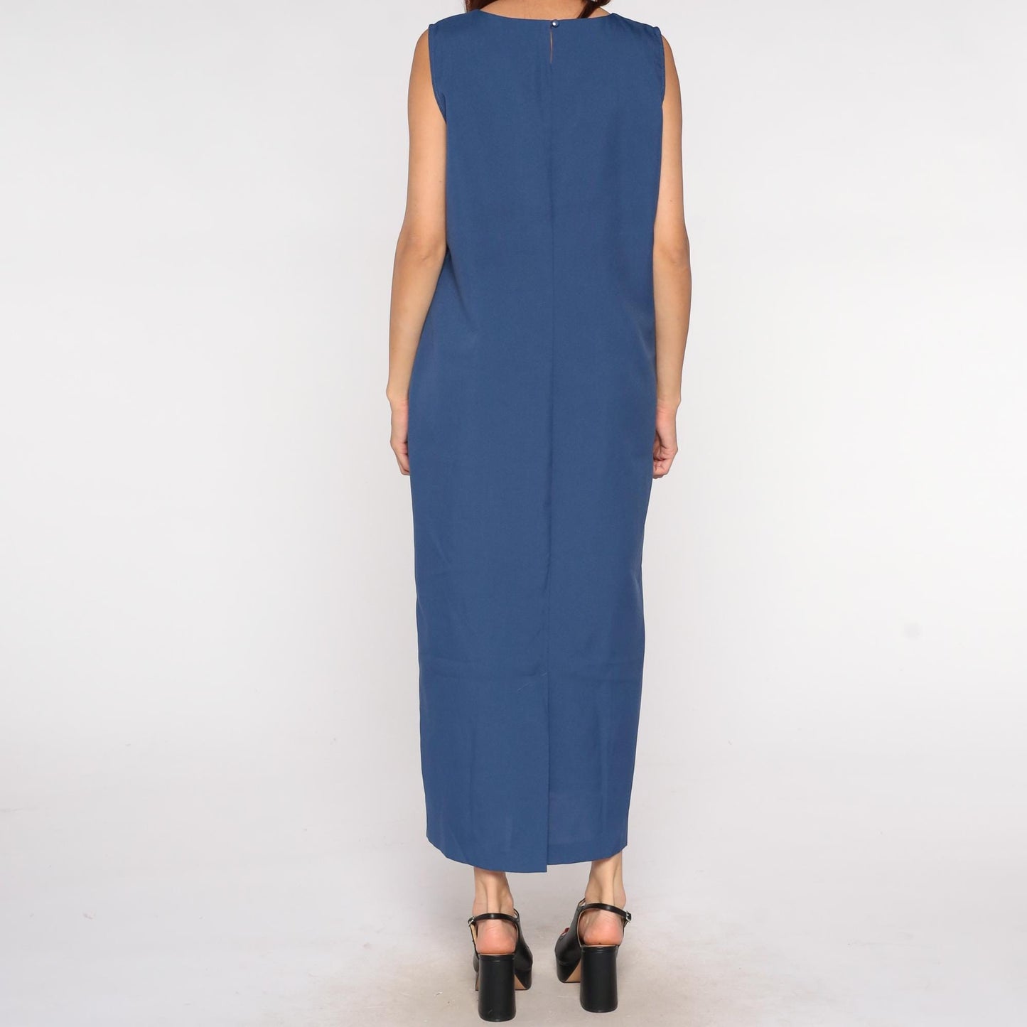 90s BFA Classics Navy Maxi Dress Embroidered Floral Neckline Sleeveless Extra Large XL