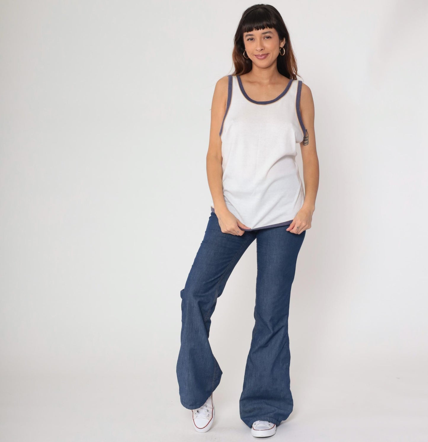 80s Laguna White Cotton Tank Top Navy Ringer Trim Scoop Neck Large L
